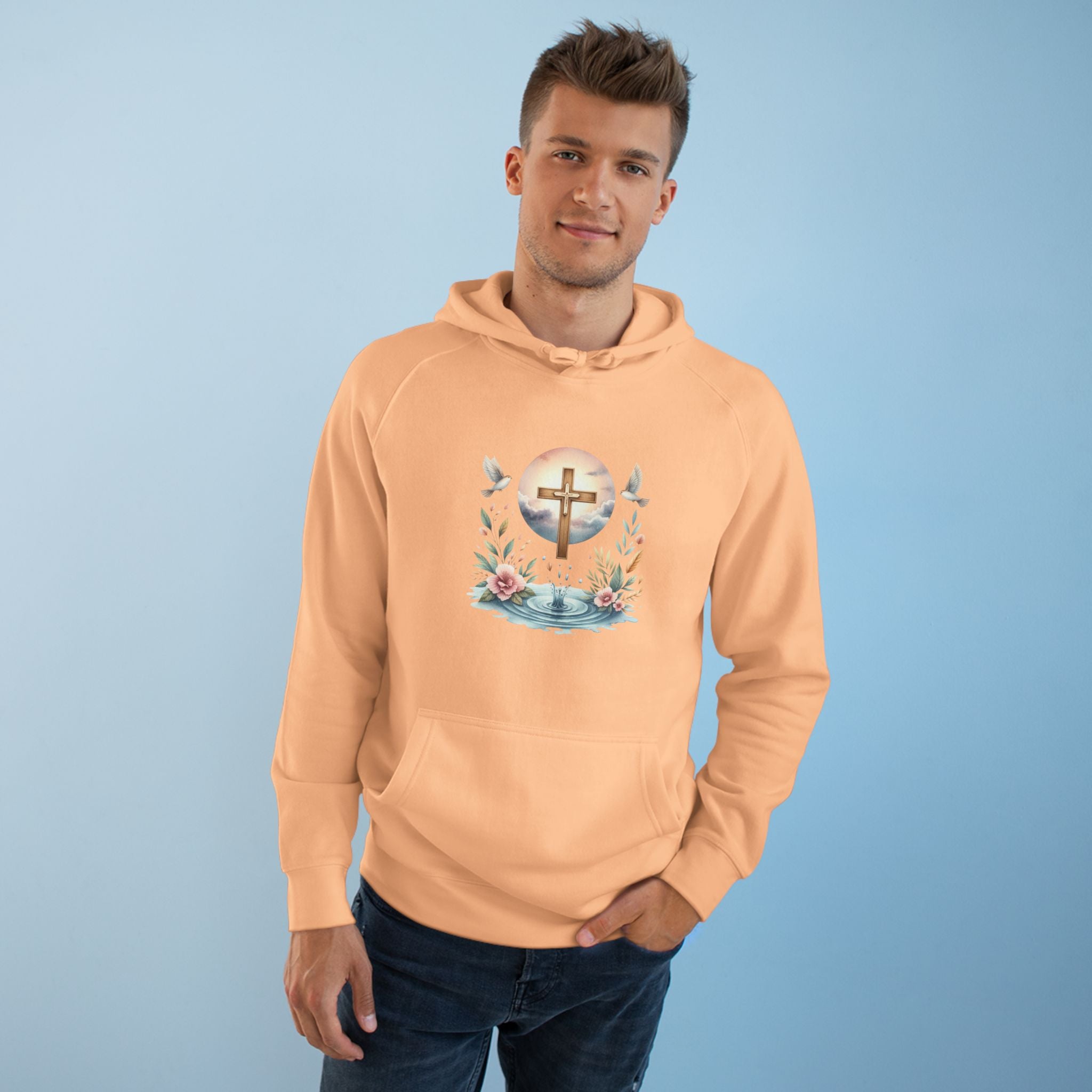 Christian Cross Floral Hoodie – Faith, Doves & Water Illustration