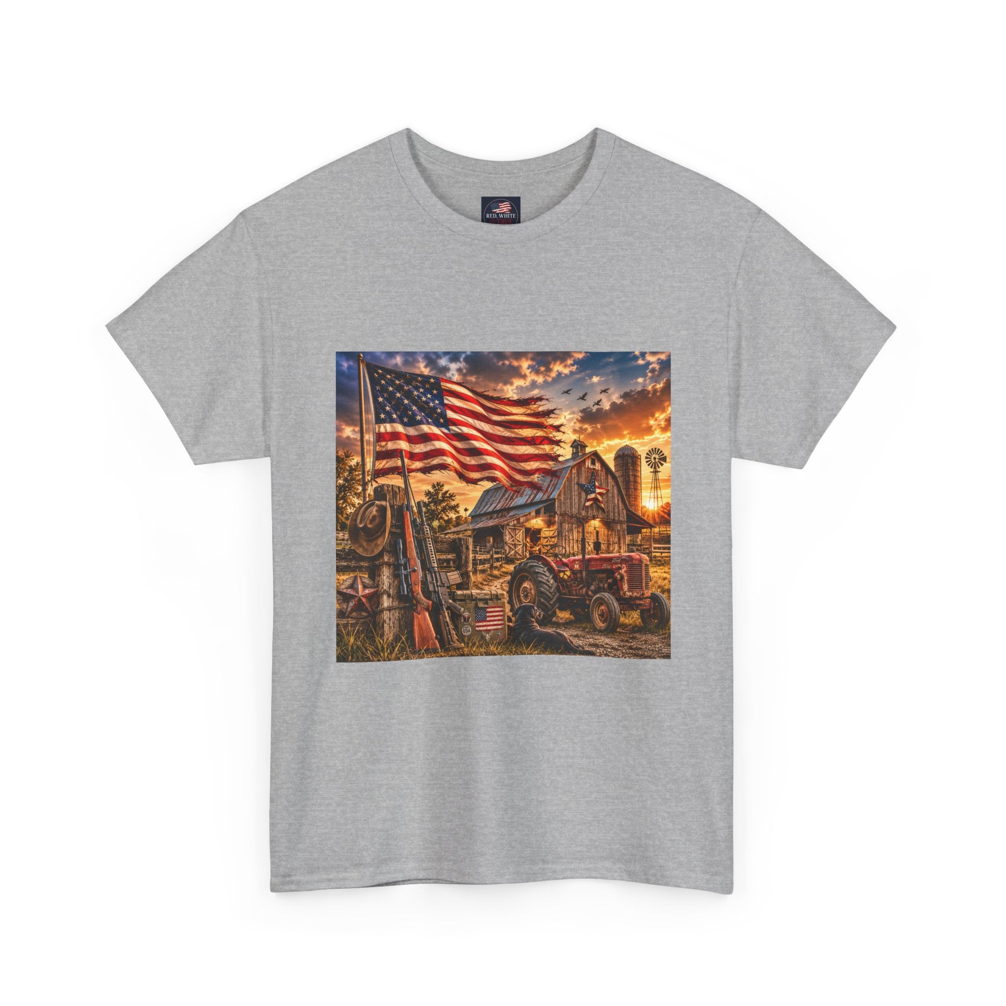 American Farm Sunset T-Shirt – Vintage Truck & Flag Rustic Patriotic Tee