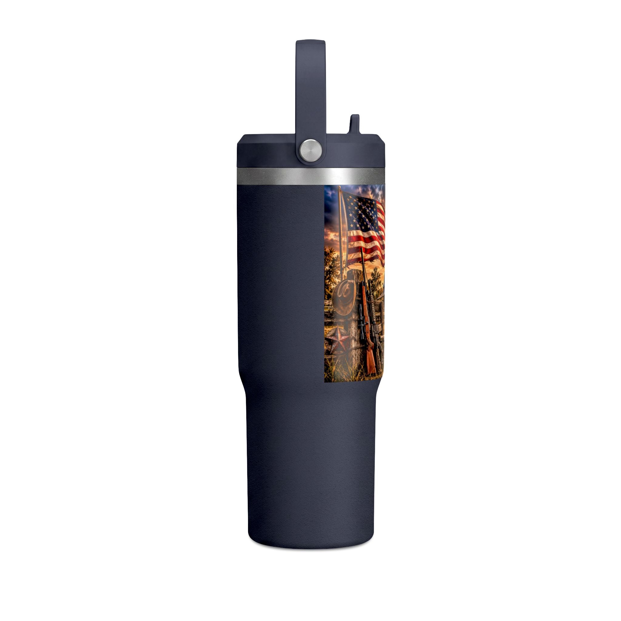 32oz Nomad Tumbler — Patriotic American Flag & Rustic Farm Scene Insulated Travel Mug