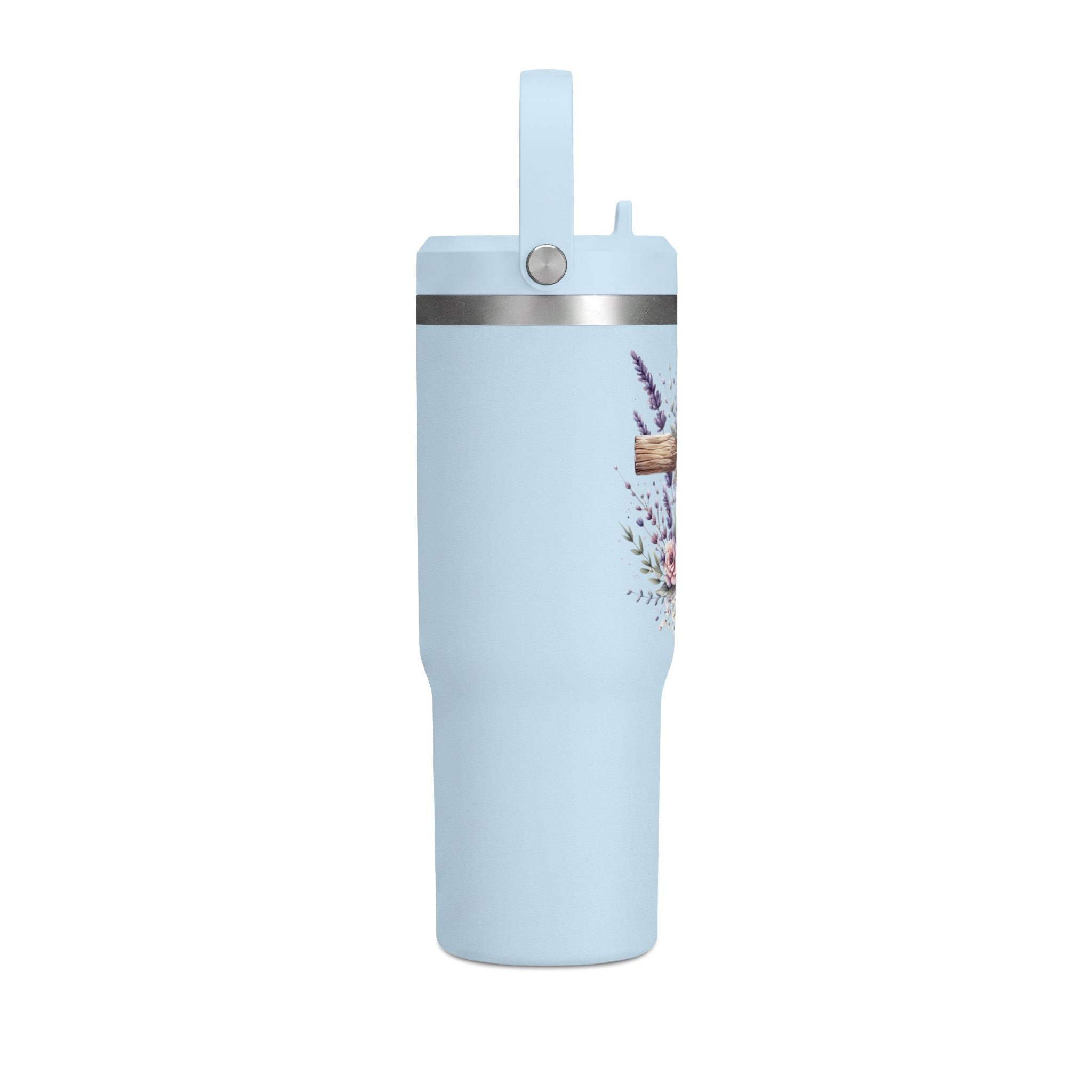 32oz Tumbler with Floral Cross Design — Christian Hydration Bottle | Lavender & Rose Nomad Tumbler