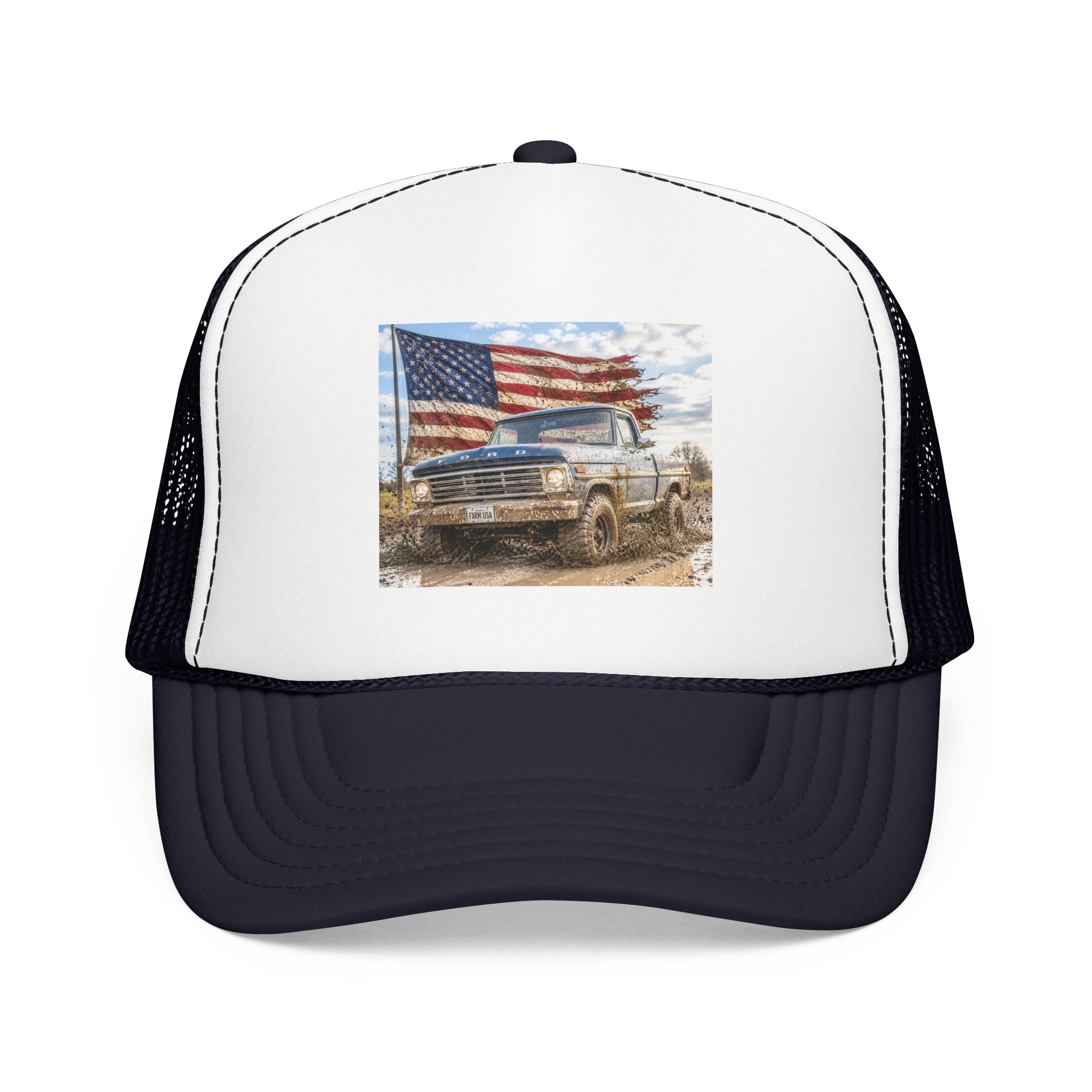 Patriotic Mud Truck Trucker Hat — American Flag Off-Road Foam Cap