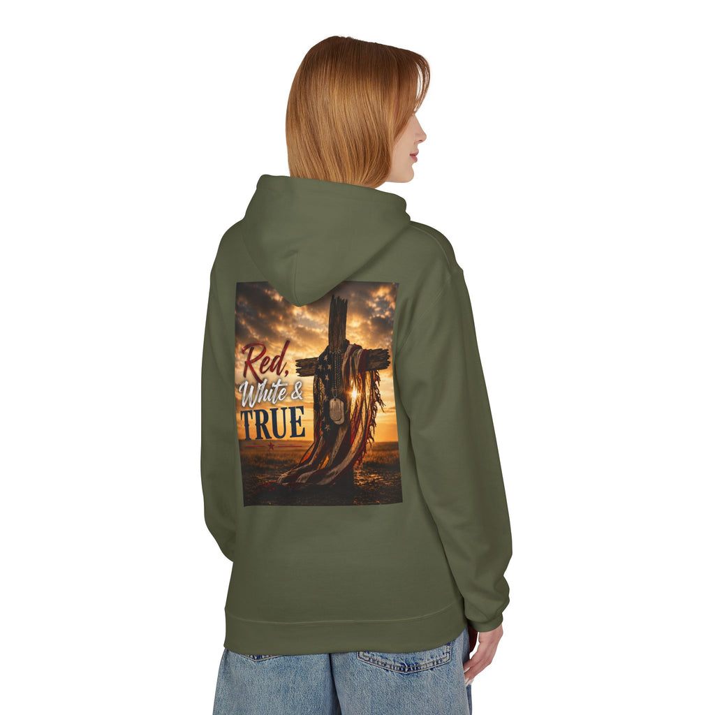 Red White & True Hoodie — Patriotic Cross Sunset Pullover
