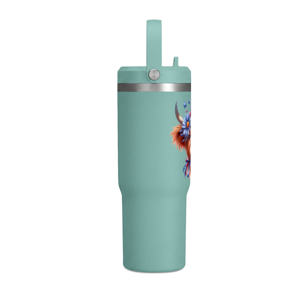 Patriotic Highland Cow 32oz Tumbler – Insulated Travel Mug with American Flag Floral Design