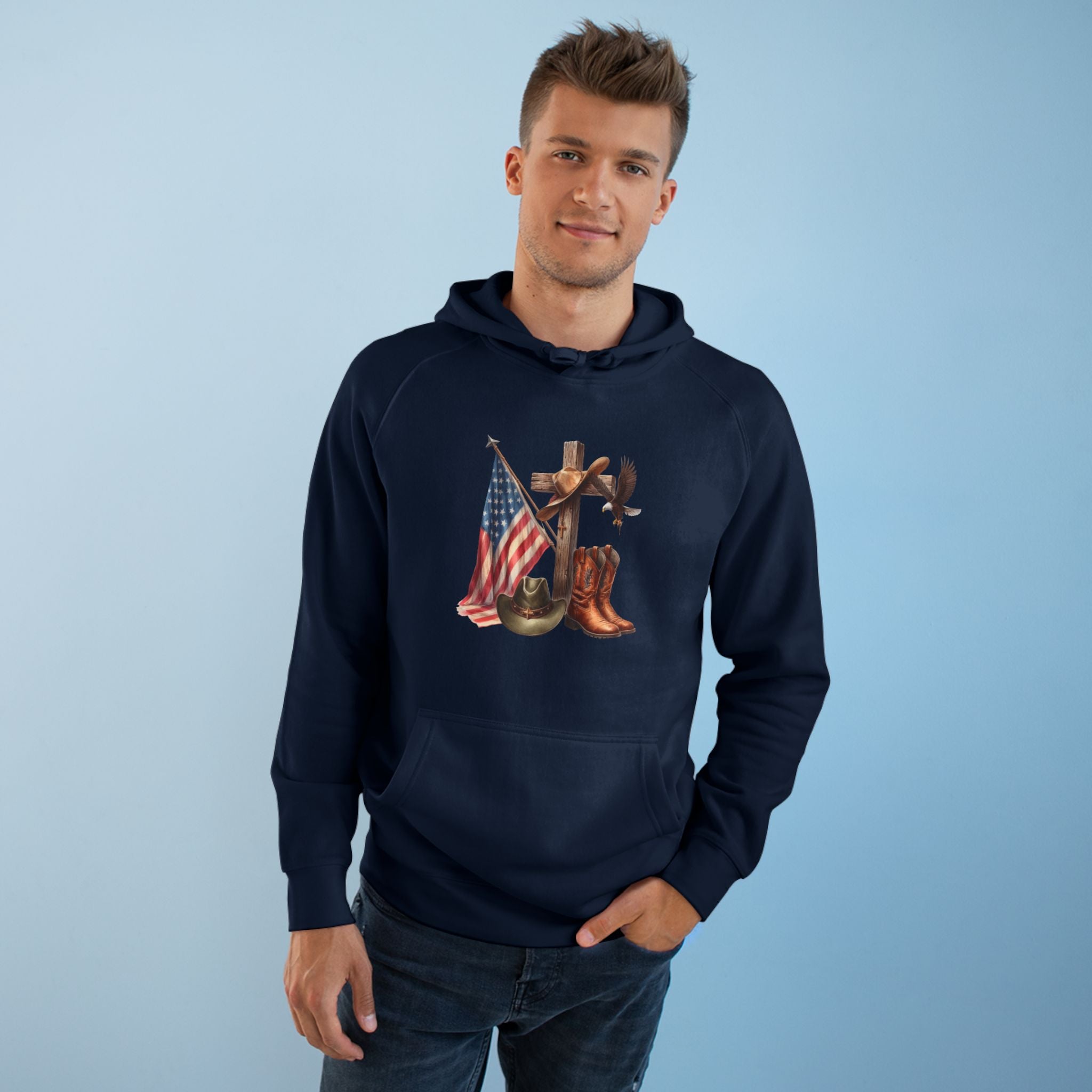 Patriotic Western Hoodie – American Flag, Cowboy Boots & Cross Graphic