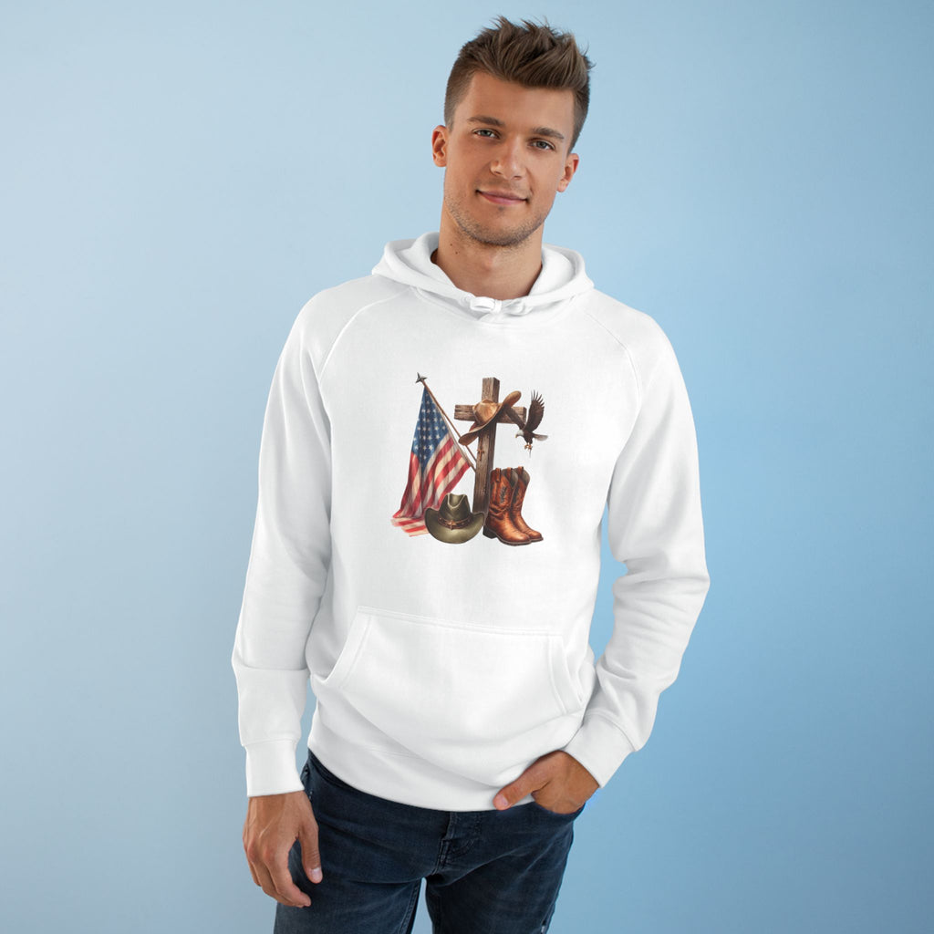 Patriotic Western Hoodie – American Flag, Cowboy Boots & Cross Graphic