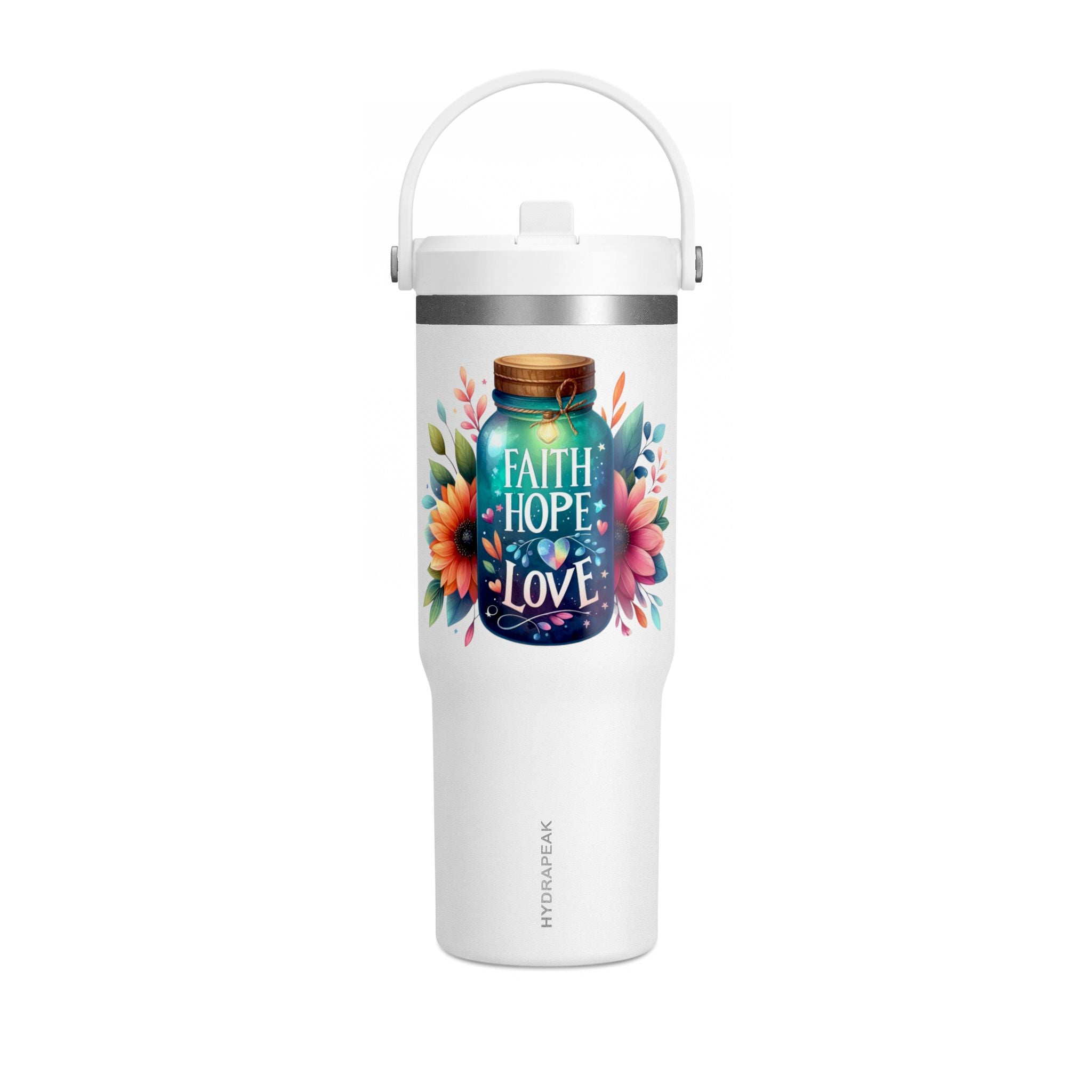 Faith Hope Love Tumbler — 32oz Insulated Travel Tumbler with Floral Jar Design