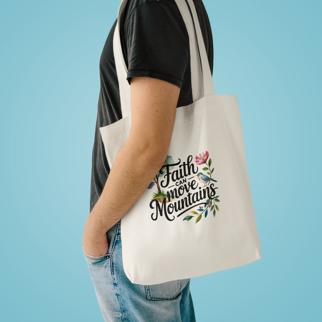 Faith Can Move Mountains Cotton Tote Bag – Floral Inspirational Grocery & Gift Tote