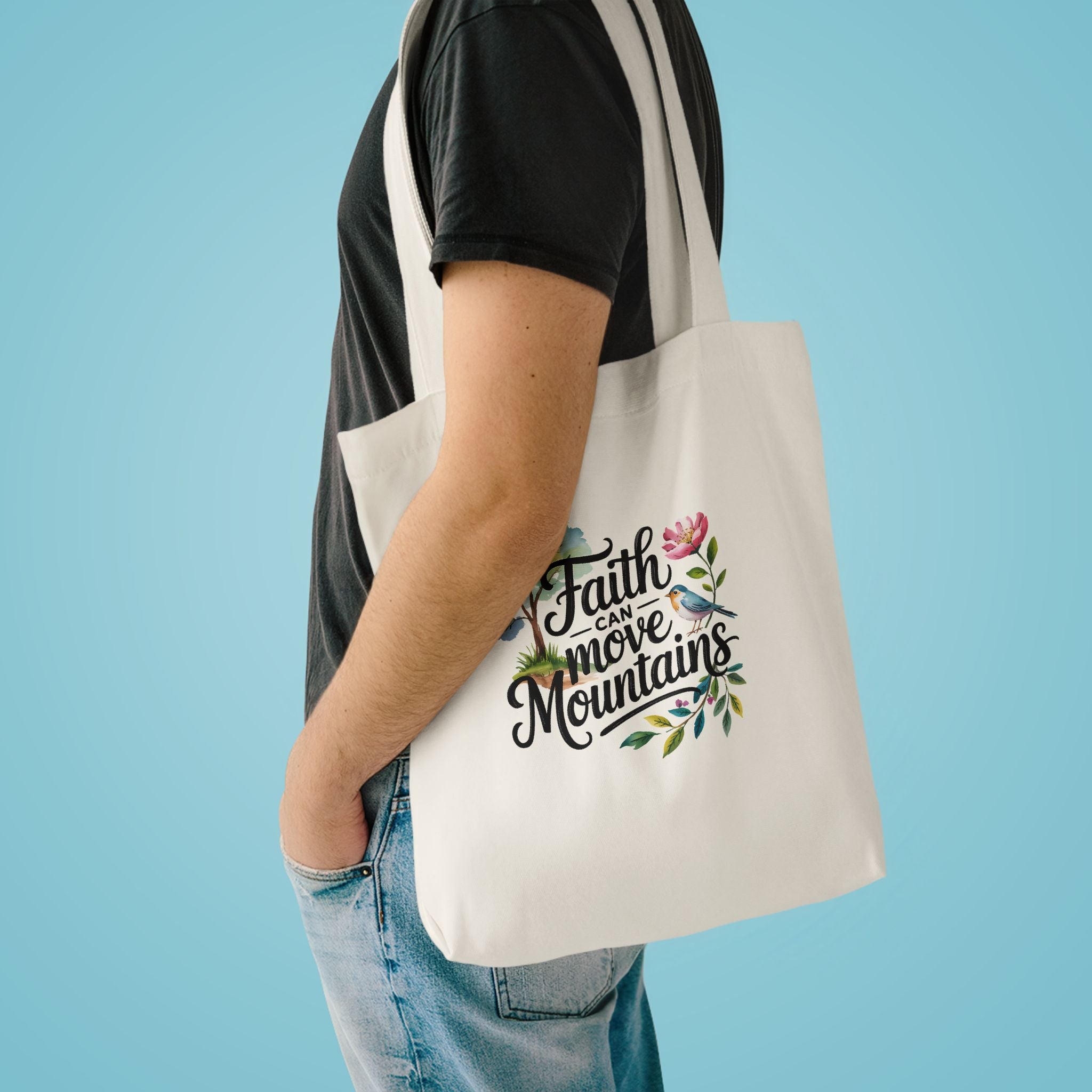 Faith Can Move Mountains Cotton Tote Bag – Floral Inspirational Grocery & Gift Tote