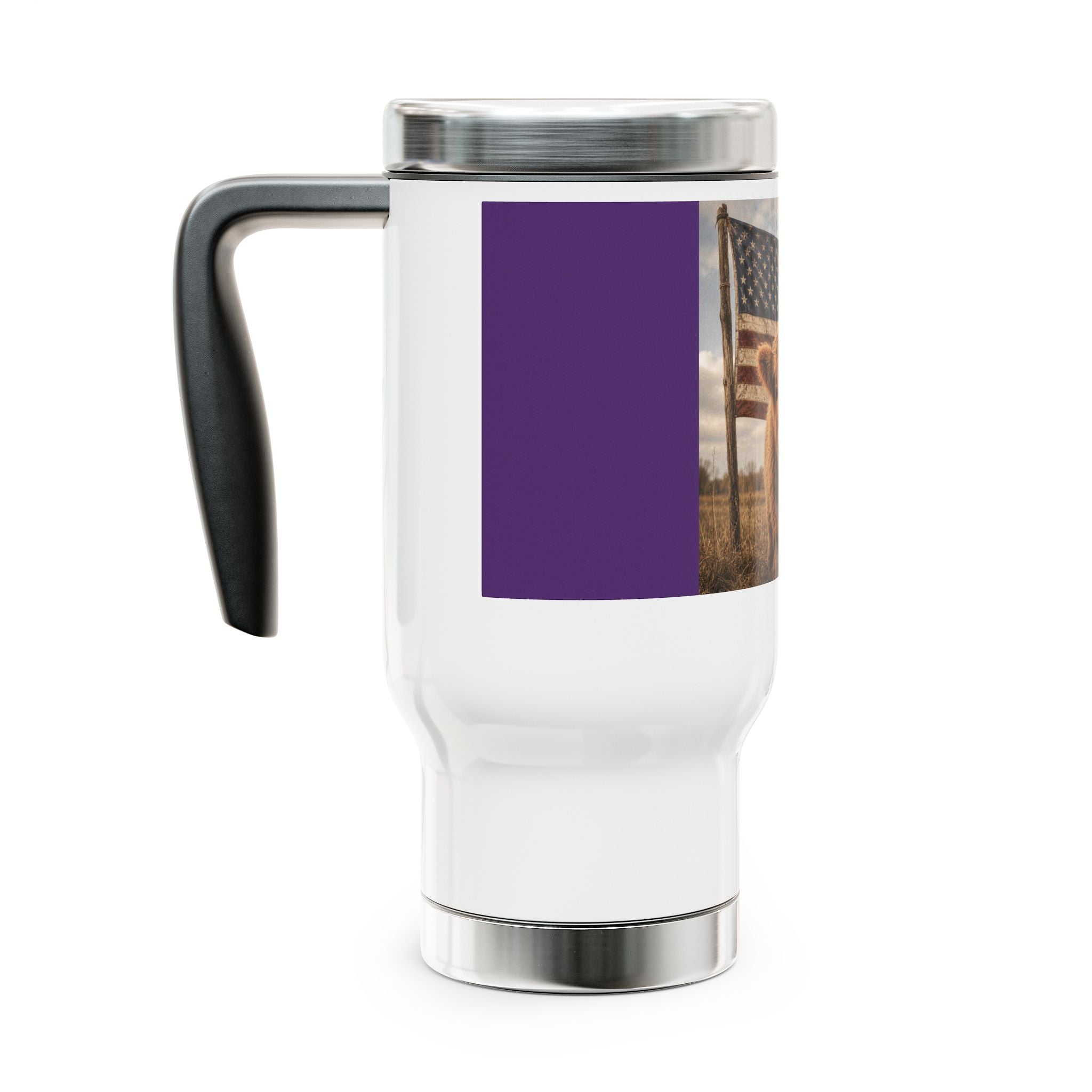 American Farmhouse Travel Mug — Highland Calf with Flag, 14oz Stainless Steel