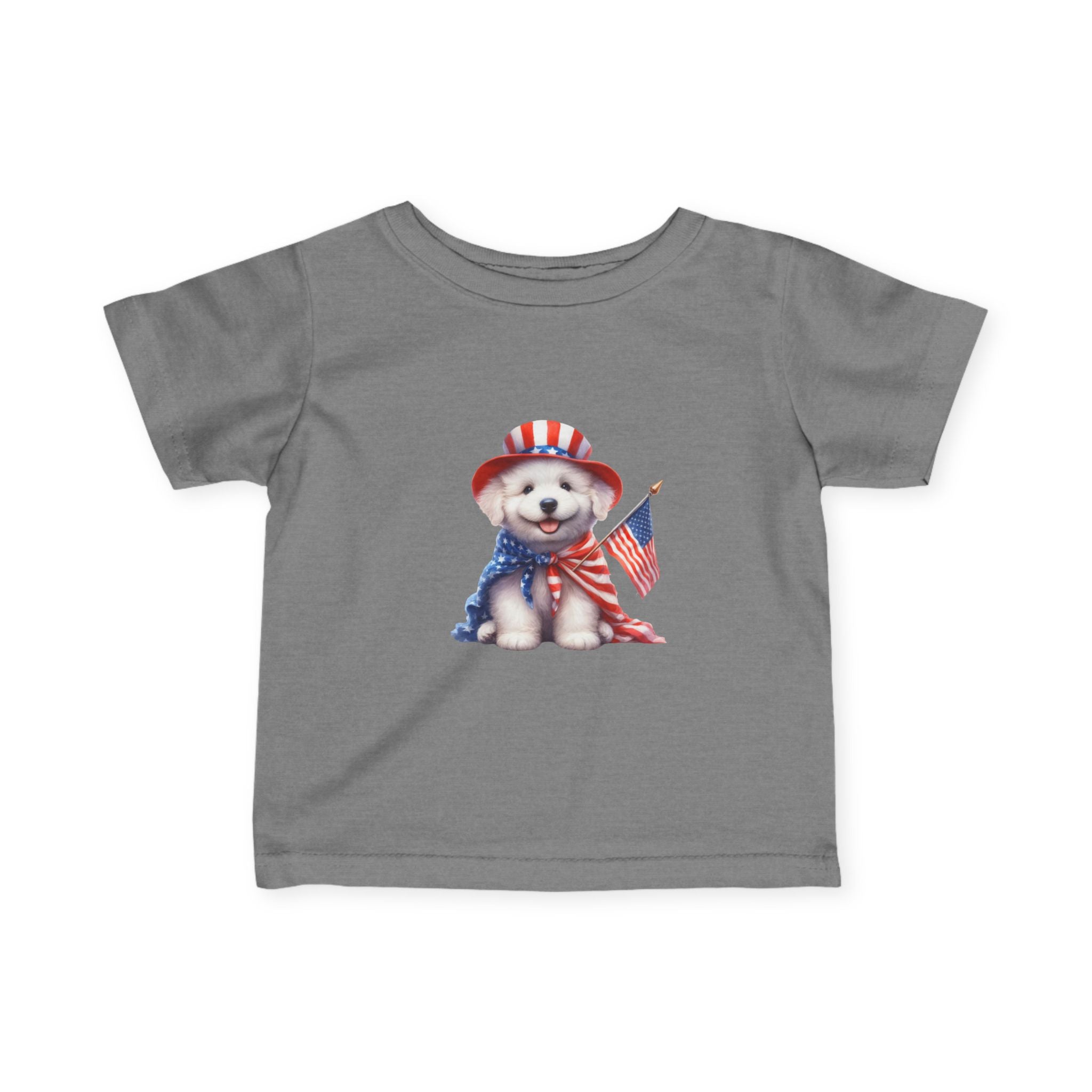 Infant Tee – Patriotic Puppy with American Flag (4th of July Baby Shirt)