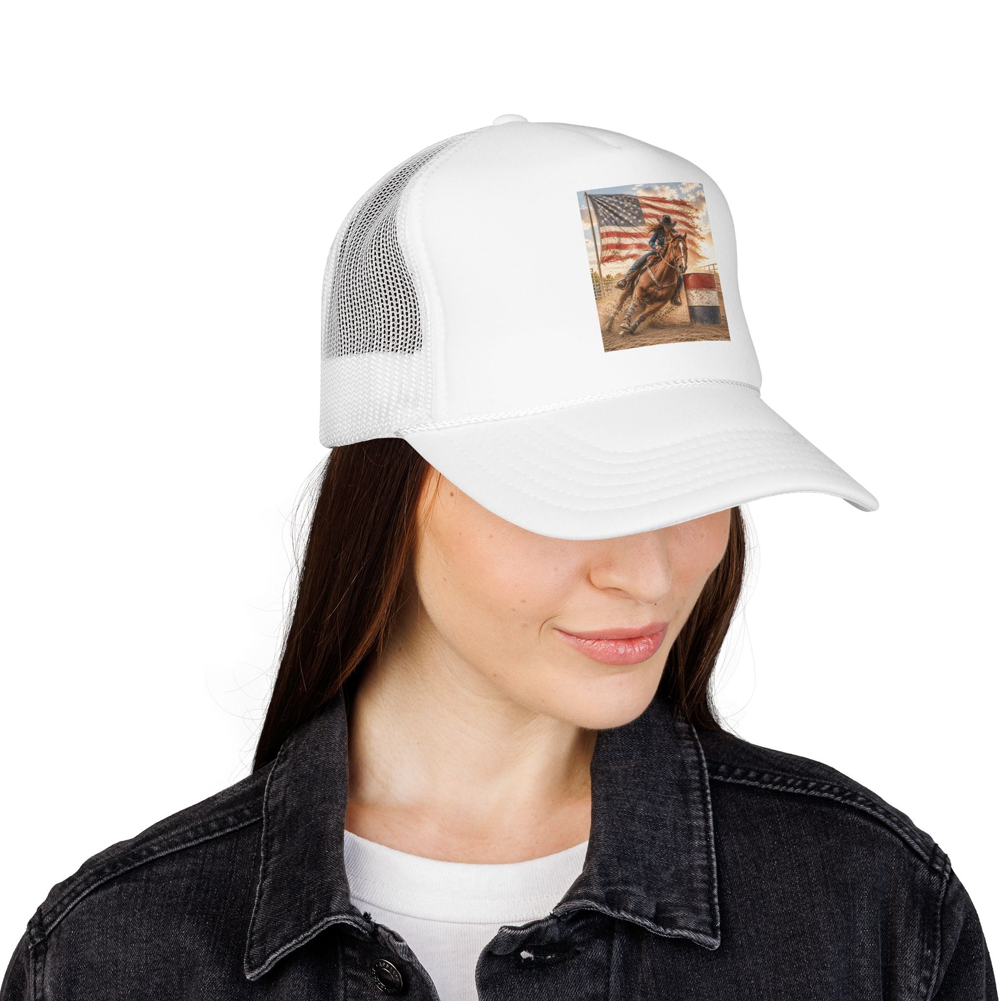 Western Rodeo Trucker Hat — Barrel Racing Horse with American Flag