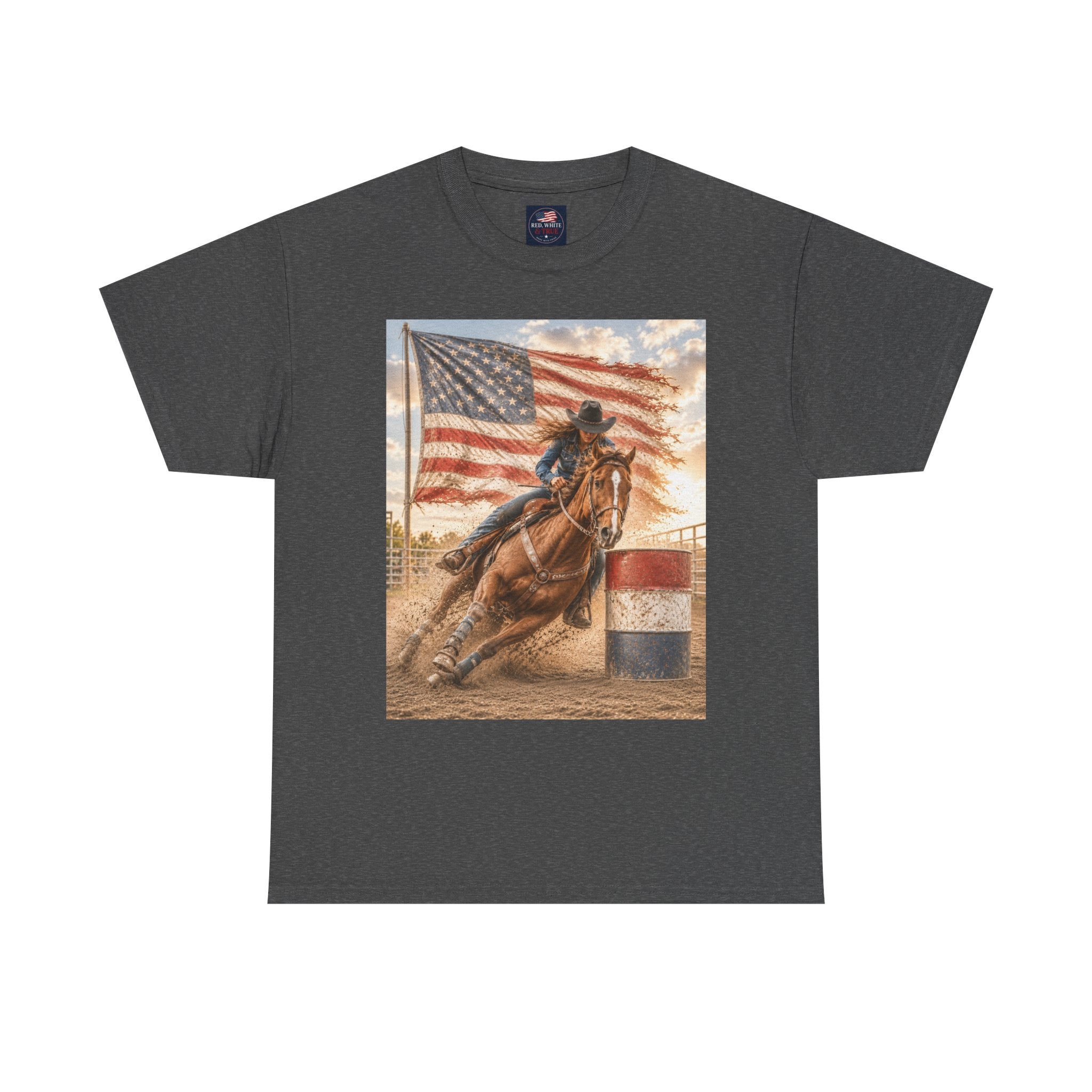 Patriotic Rodeo Barrel Racer T-Shirt — American Flag Horse Racing Tee