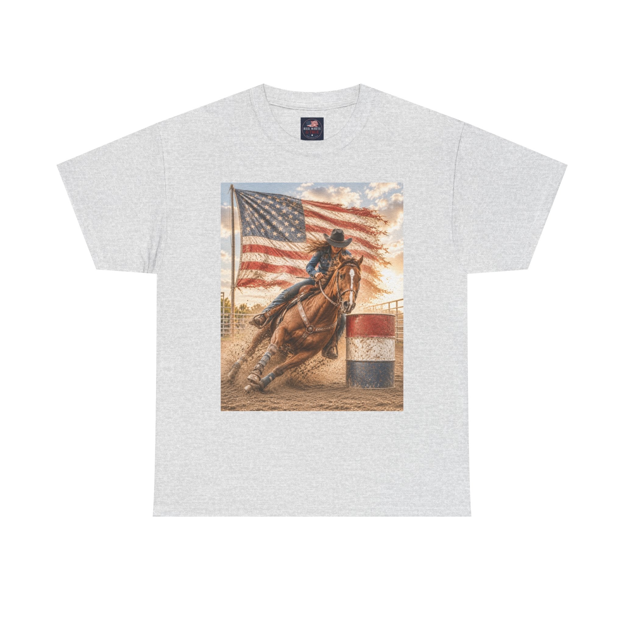 Patriotic Rodeo Barrel Racer T-Shirt — American Flag Horse Racing Tee
