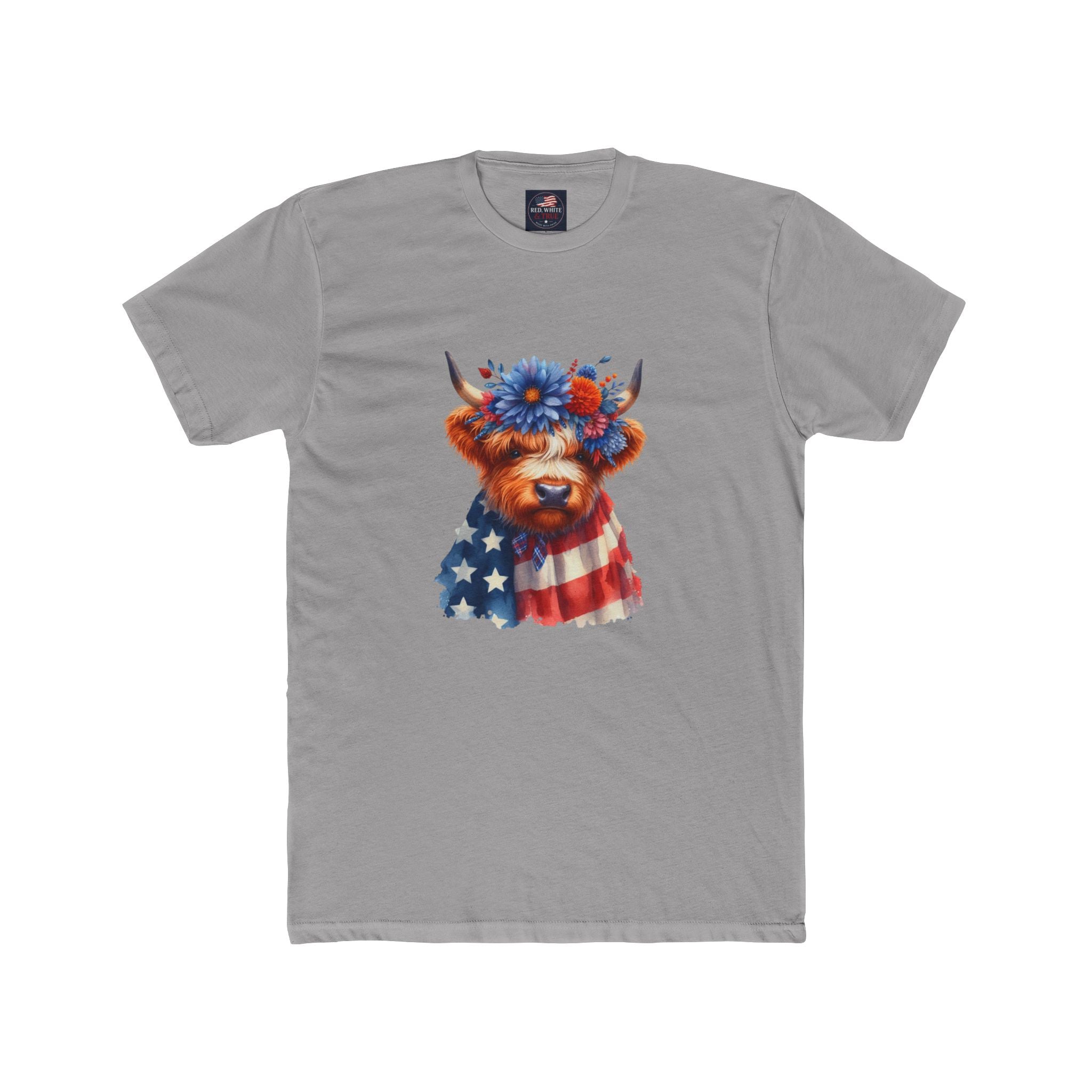 Patriotic Highland Cow T‑Shirt – American Flag & Floral Cow Graphic