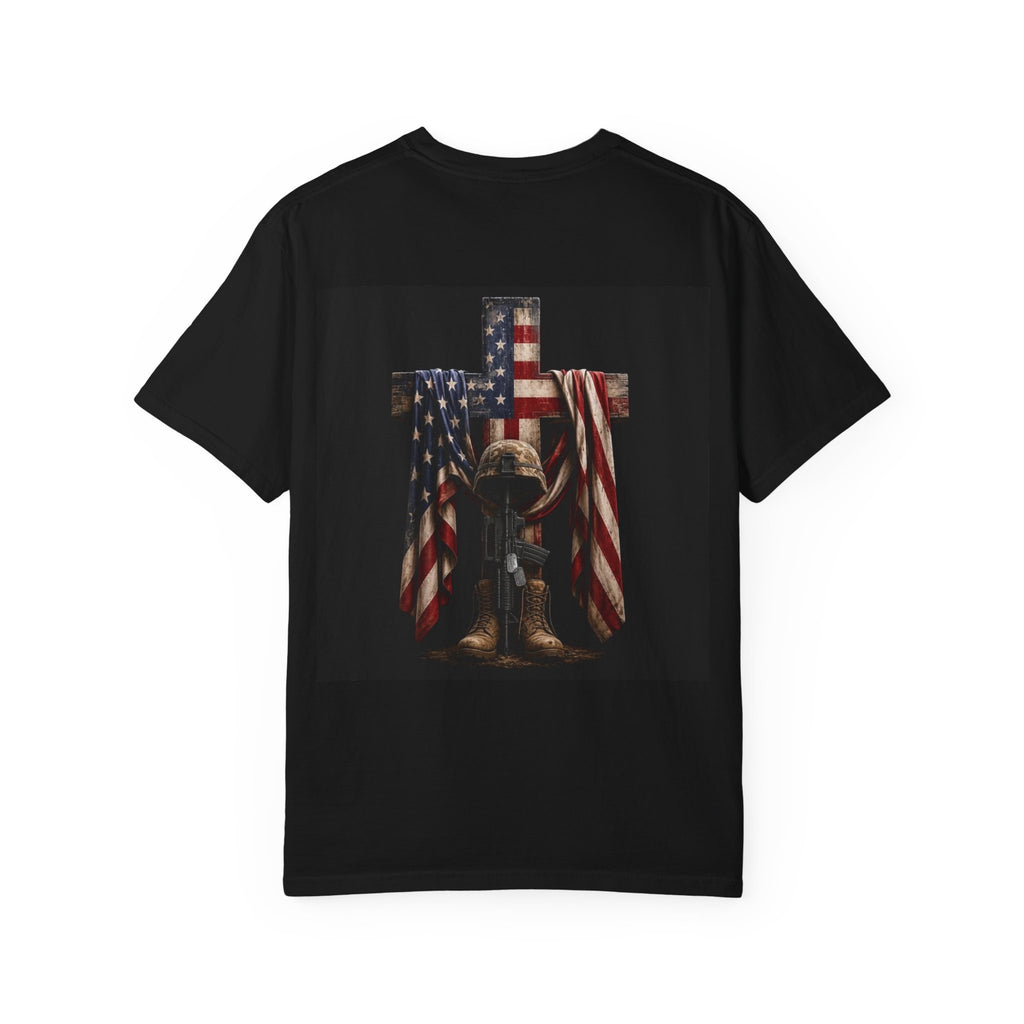 American Flag Cross T-Shirt — Patriotic 'Red White' Memorial Graphic