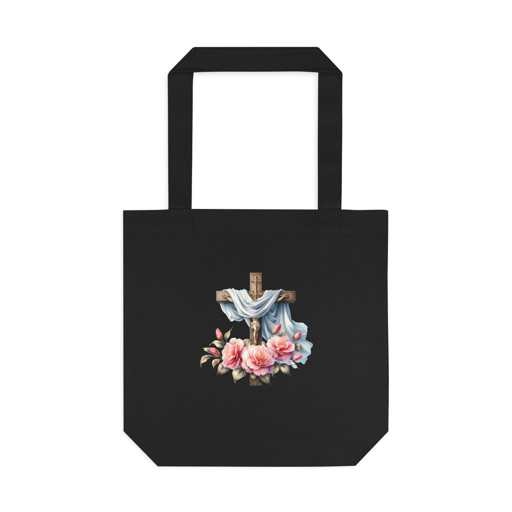 Religious Cross & Roses Cotton Tote Bag — Faith Floral Market Bag