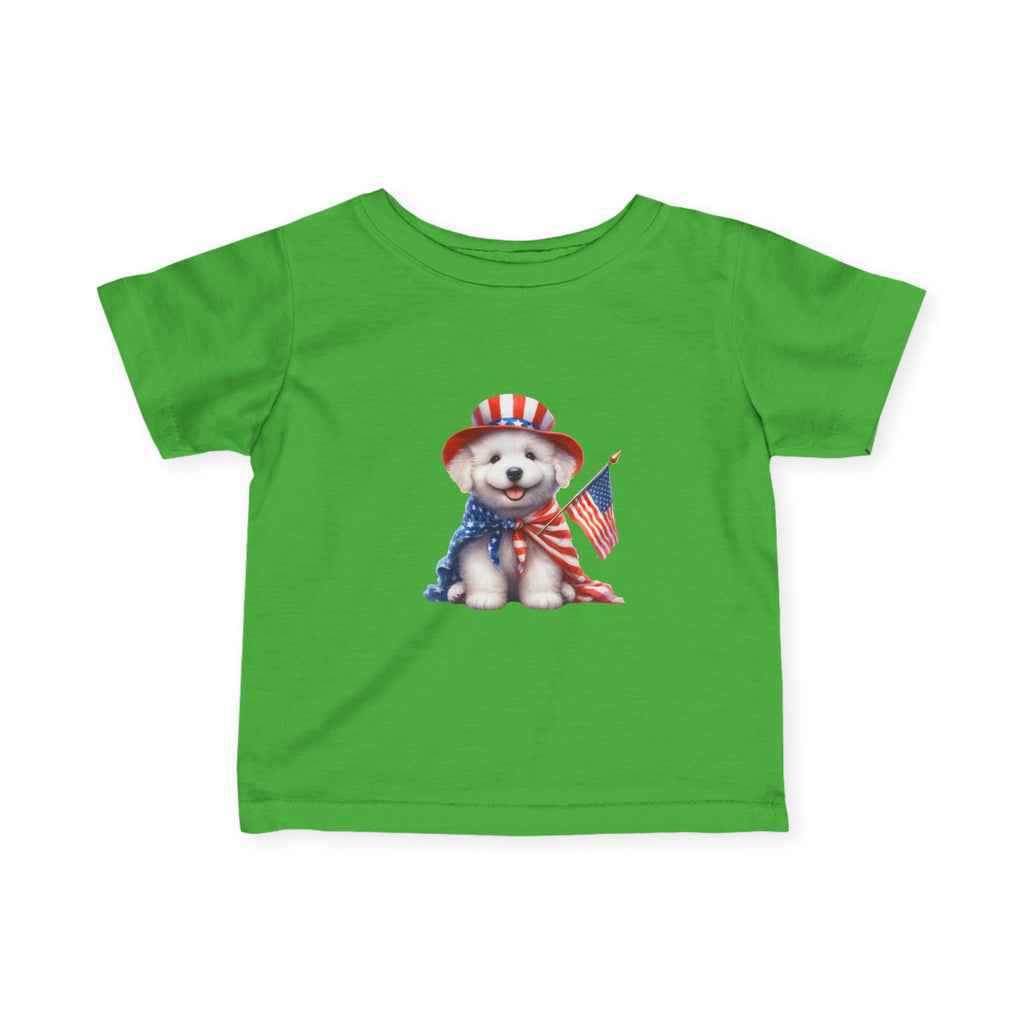 Infant Tee – Patriotic Puppy with American Flag (4th of July Baby Shirt)