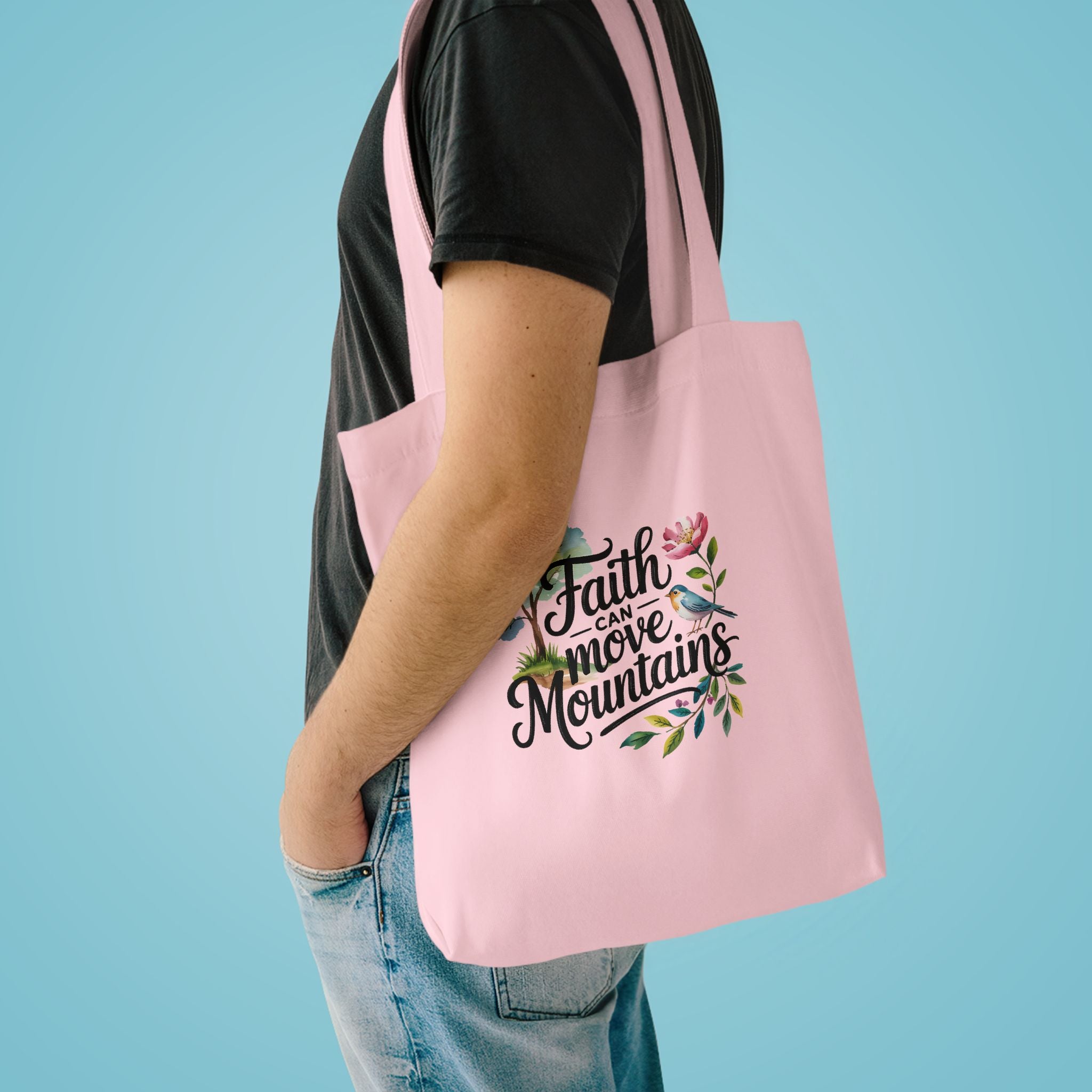Faith Can Move Mountains Cotton Tote Bag – Floral Inspirational Grocery & Gift Tote