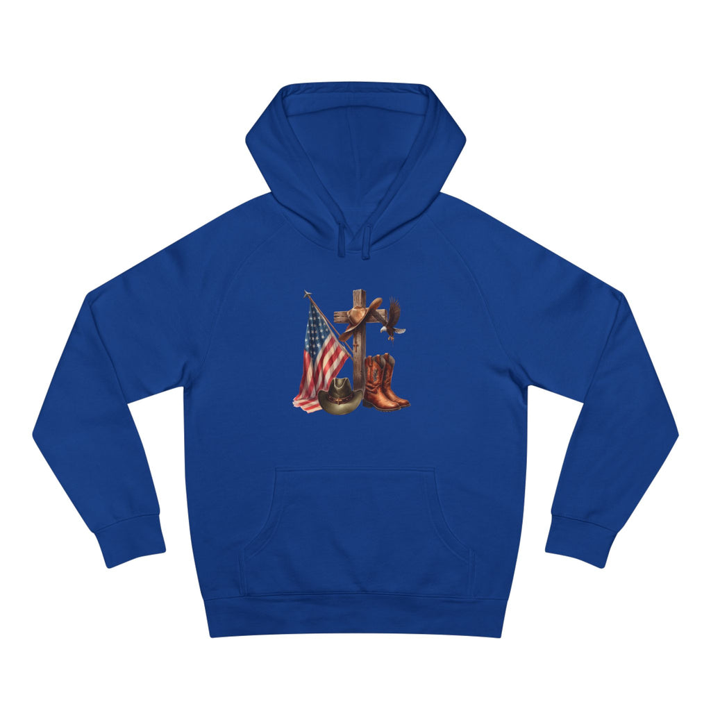 Patriotic Western Hoodie – American Flag, Cowboy Boots & Cross Graphic