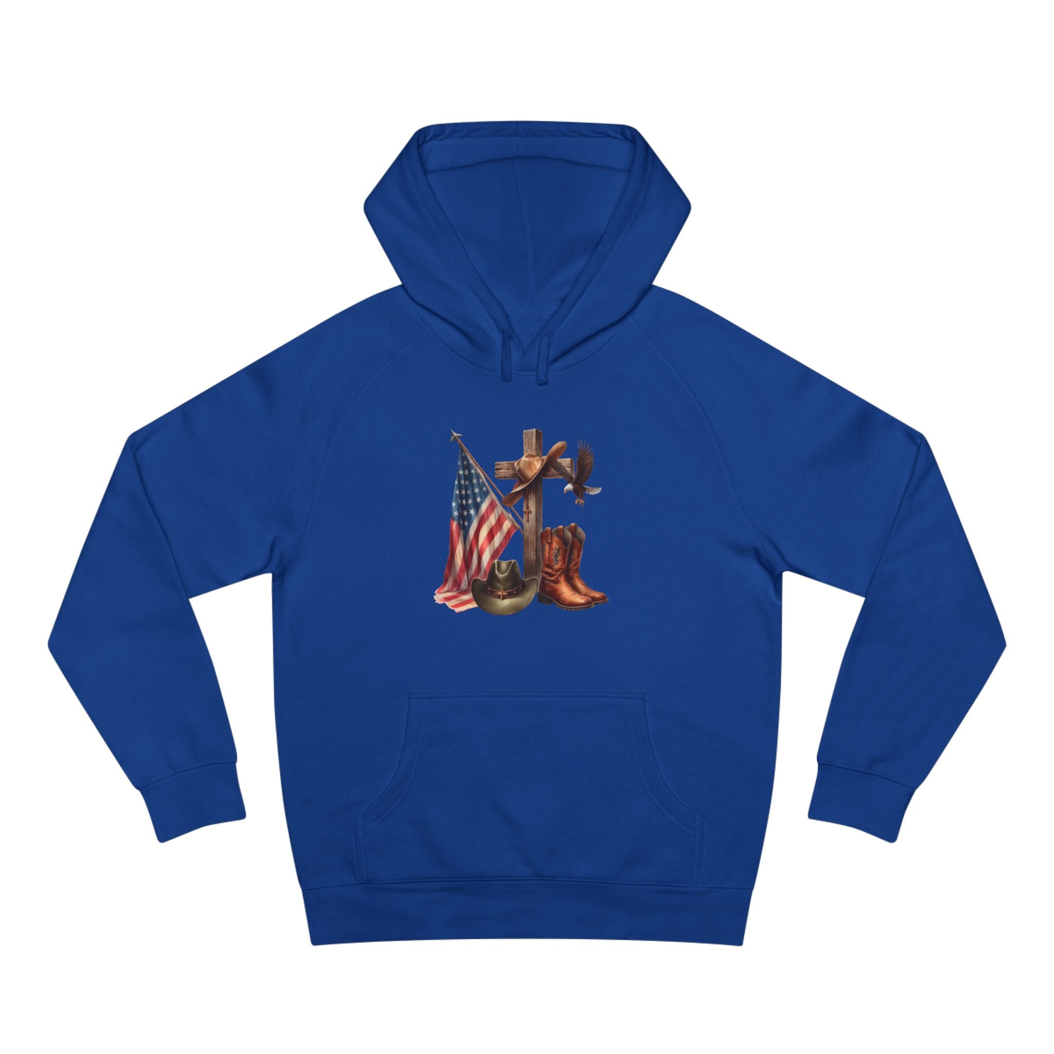 Patriotic Western Hoodie – American Flag, Cowboy Boots & Cross Graphic