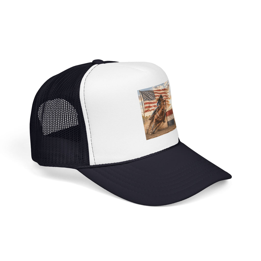 Western Rodeo Trucker Hat — Barrel Racing Horse with American Flag