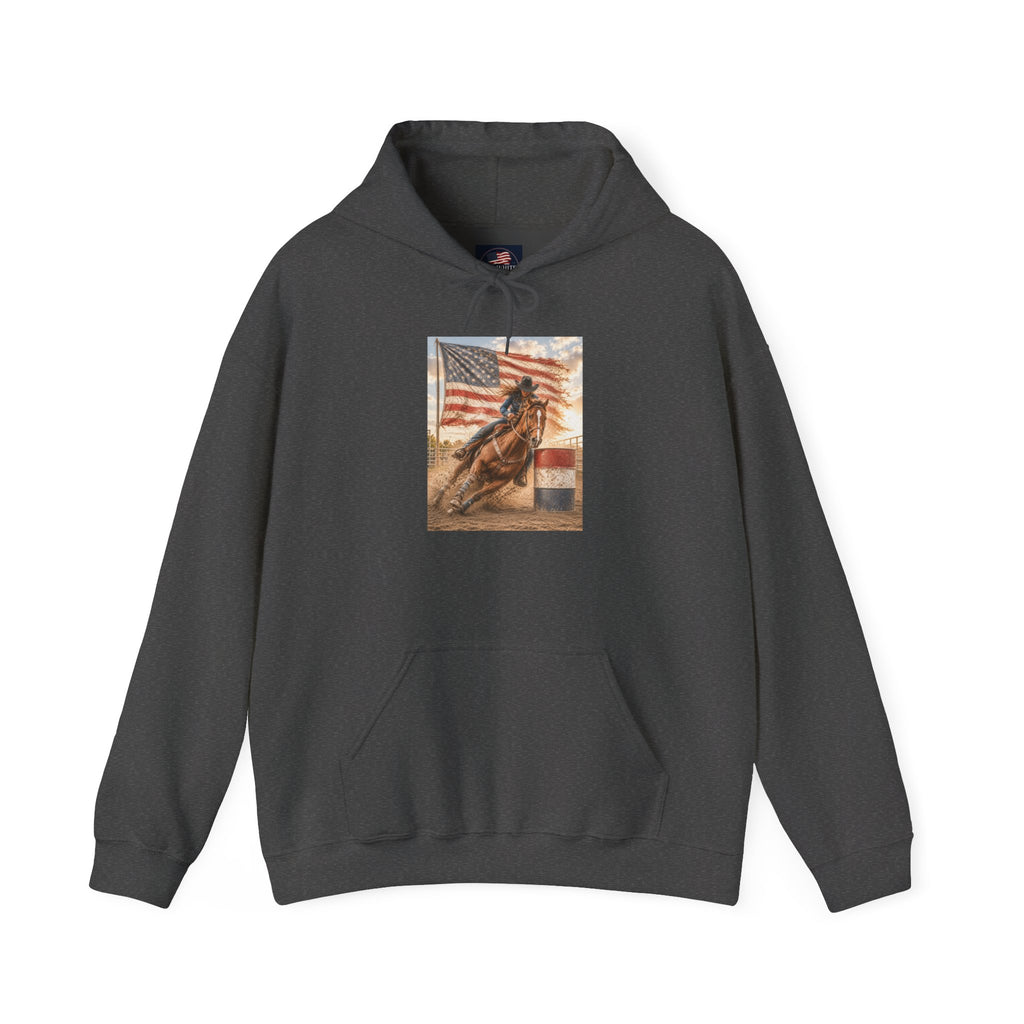 Patriotic Rodeo Horse Hoodie – American Flag Cowboy Pulled by Horse Pullover