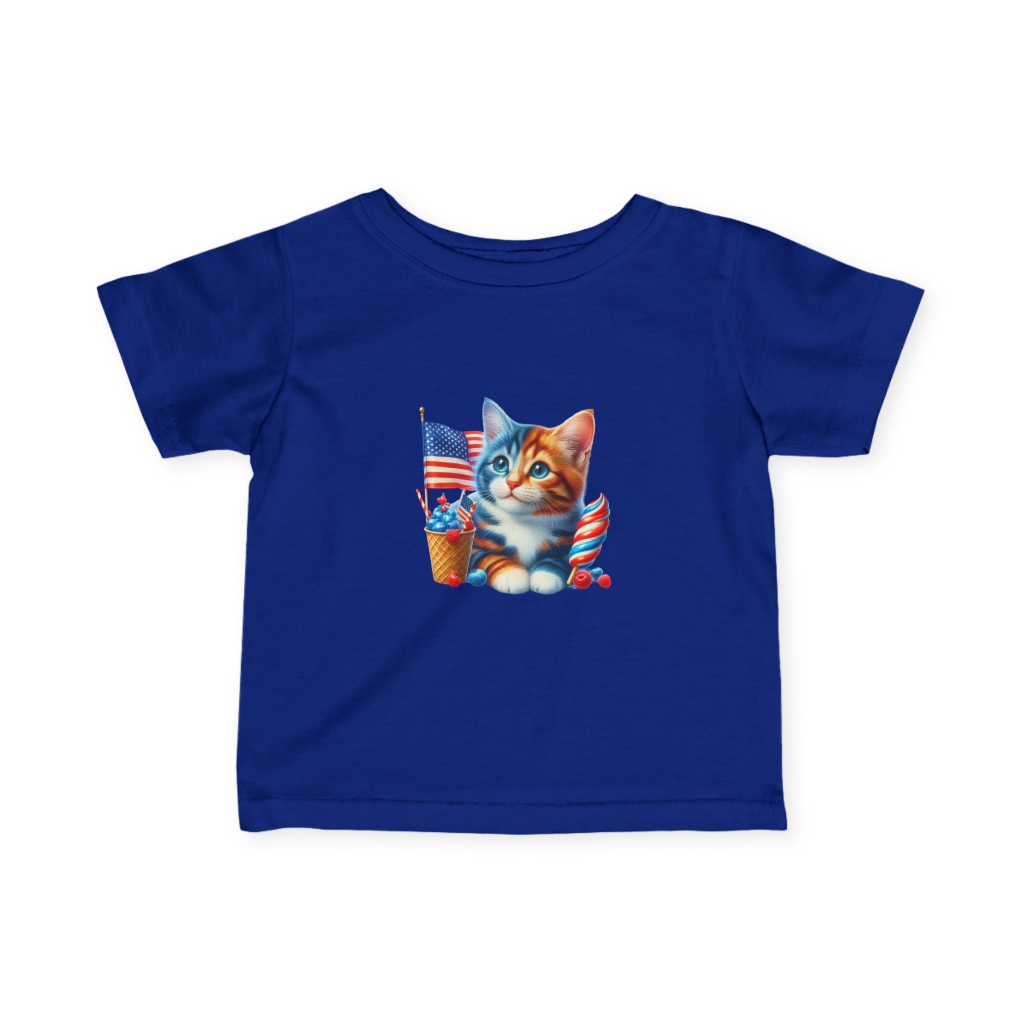 Infant Tee — Patriotic Kitten with Flags & Ice Cream (4th of July Baby Shirt)