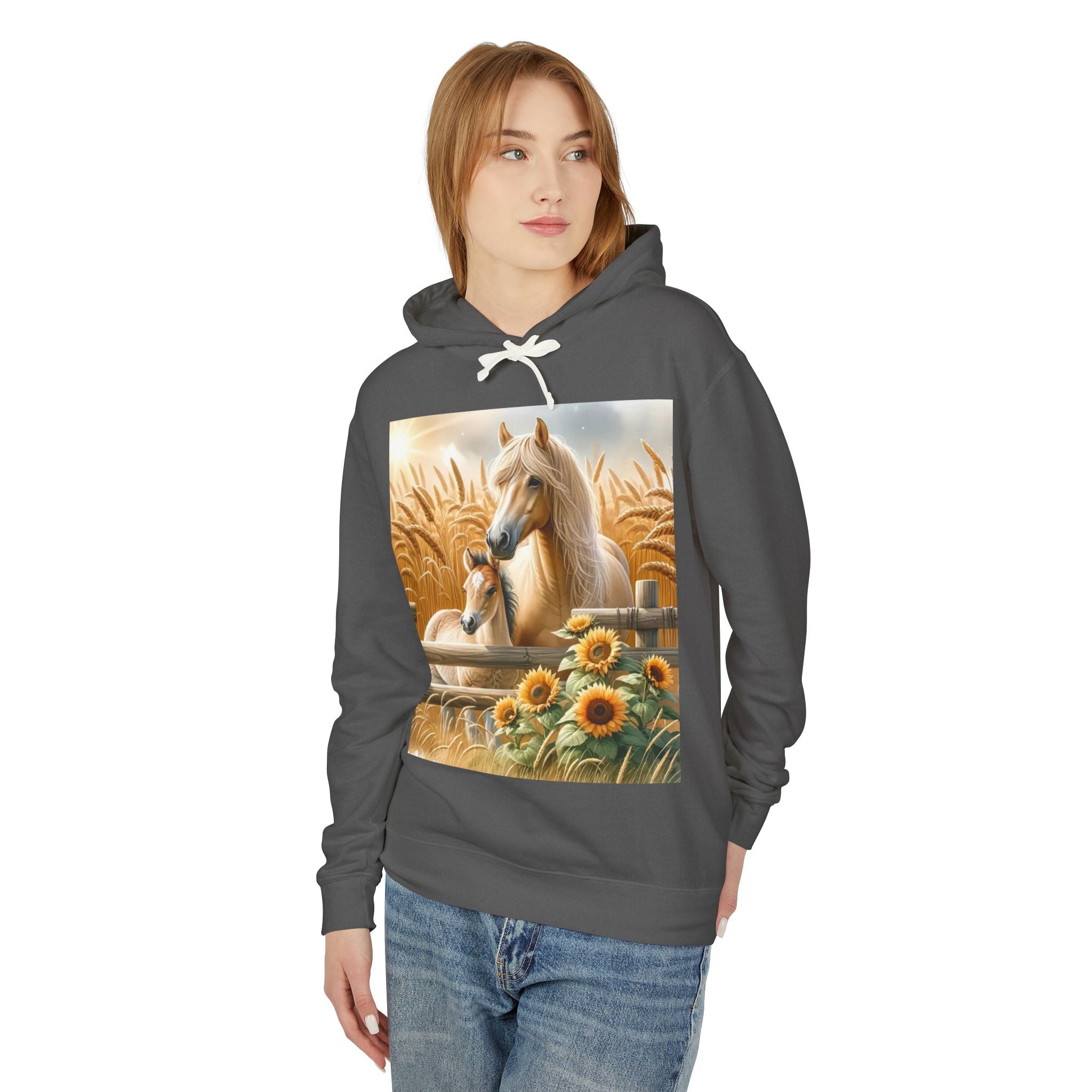 Horse & Foal Sunflower Hoodie — Pastel Farm Animal Sweatshirt