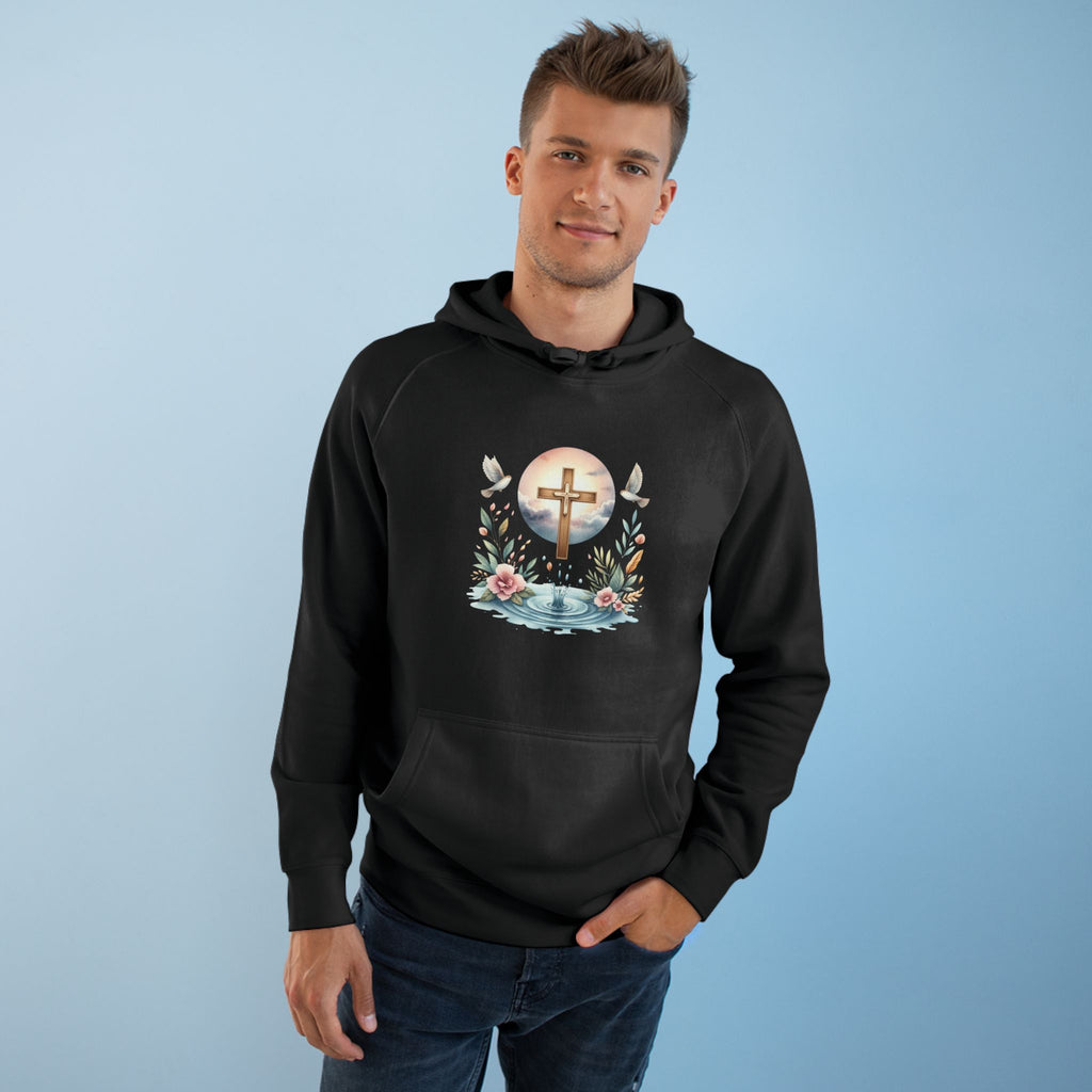 Christian Cross Floral Hoodie – Faith, Doves & Water Illustration