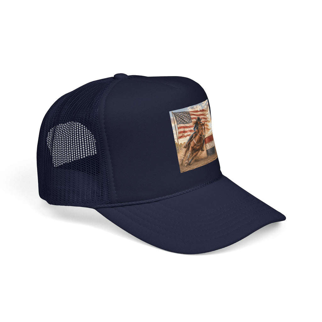 Western Rodeo Trucker Hat — Barrel Racing Horse with American Flag