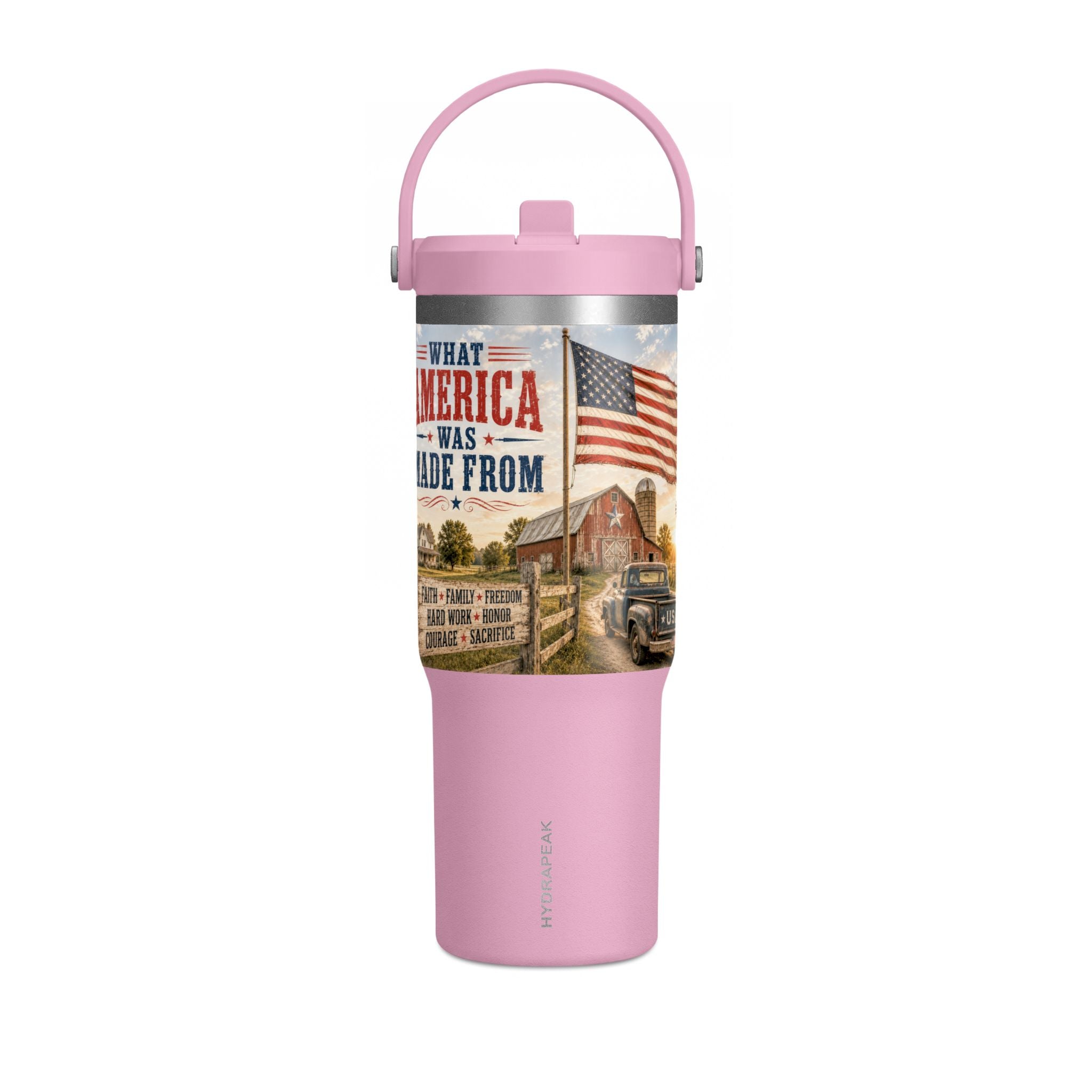 32oz Insulated Tumbler — Rustic 'What America Was Made From' Farm Flag Design