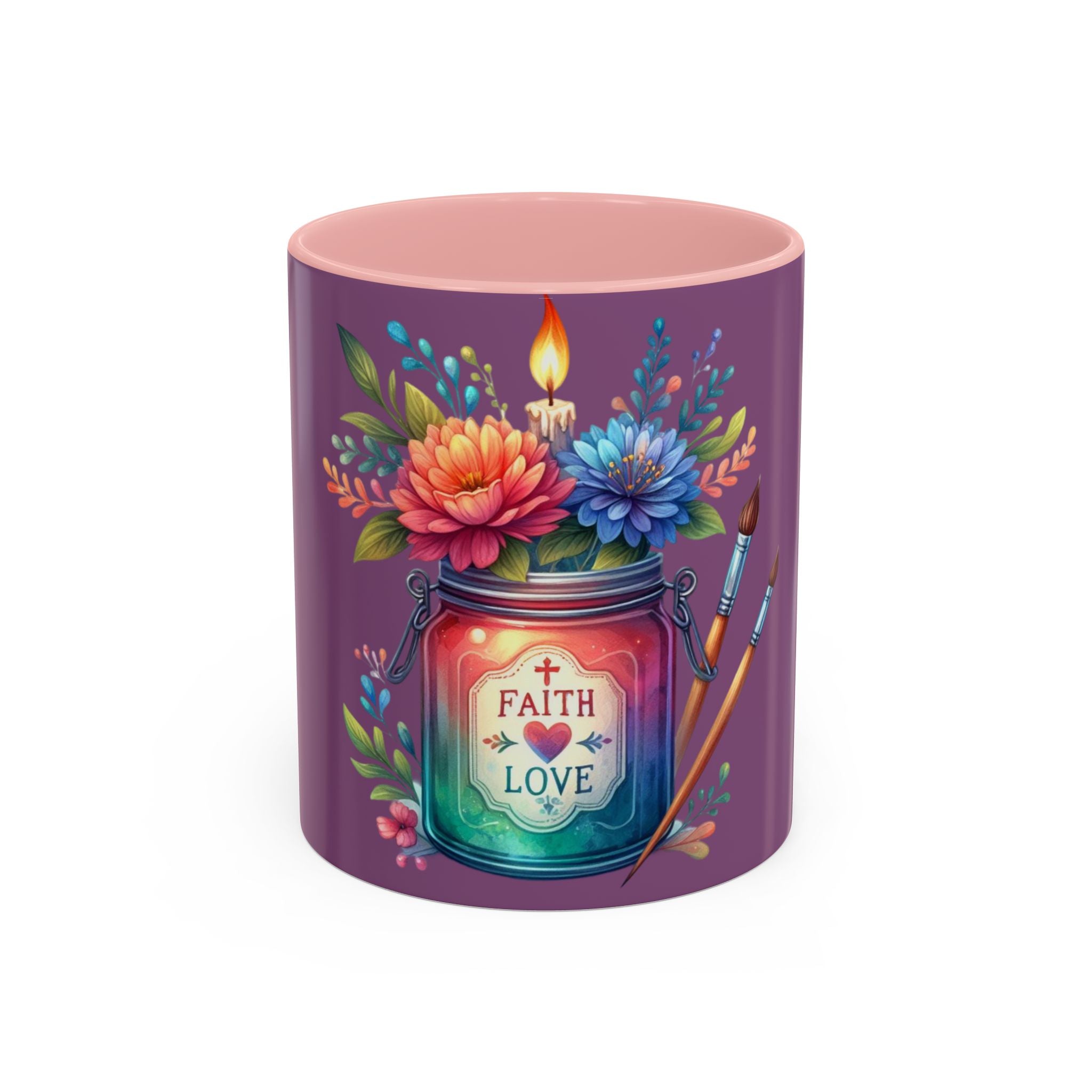 Faith & Love Floral Accent Coffee Mug — Colorful Candle Jar Design (11/15oz)