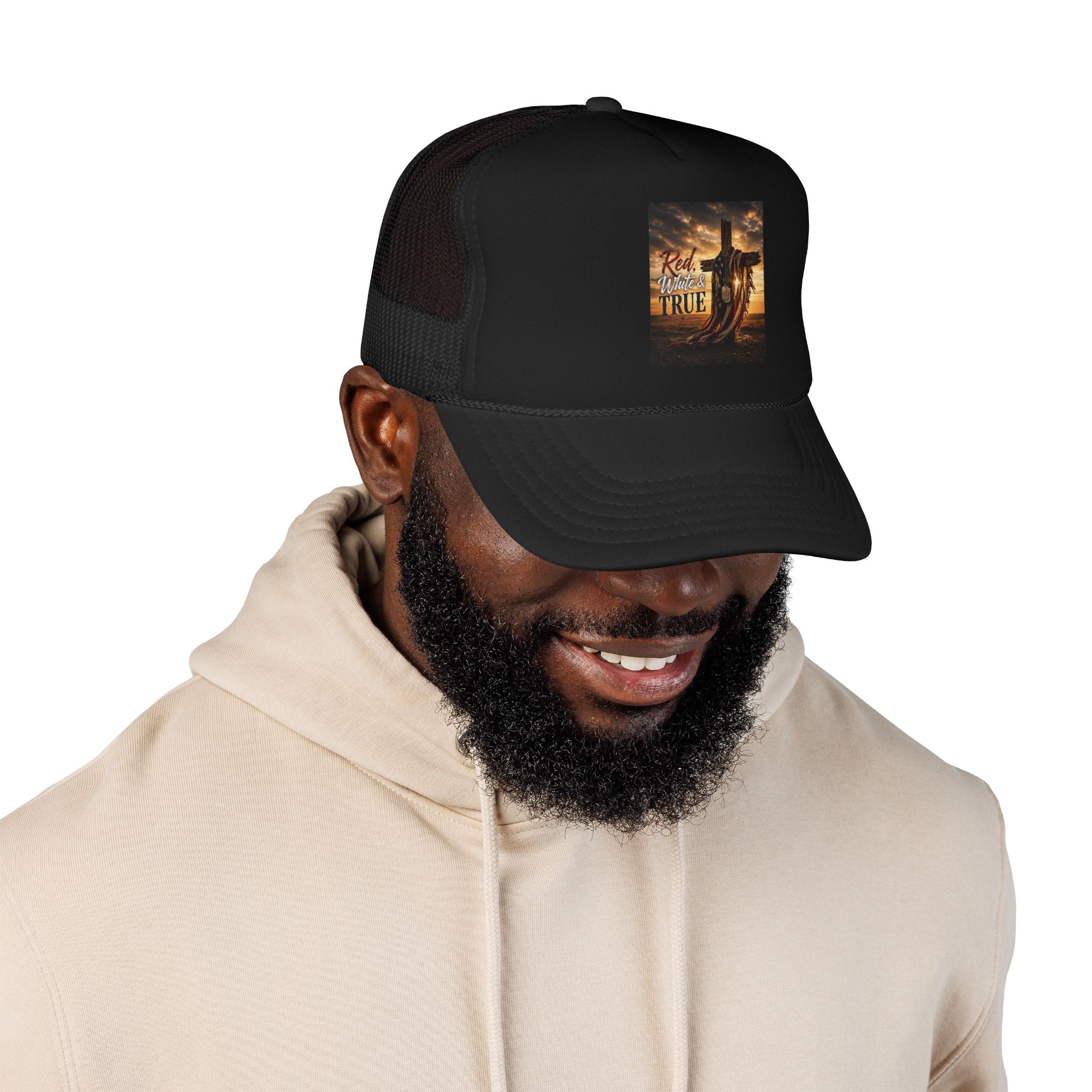 Trucker Hat — "God Made A Farmer" Cross Sunset Foam Trucker Hat