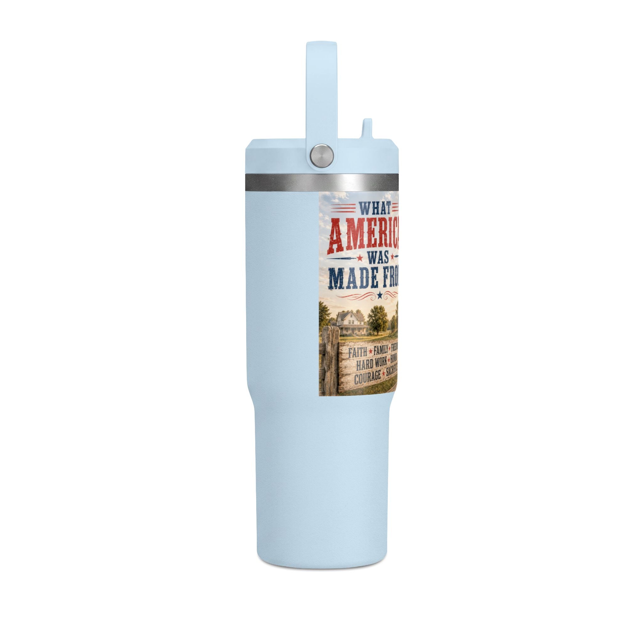 32oz Insulated Tumbler — Rustic 'What America Was Made From' Farm Flag Design