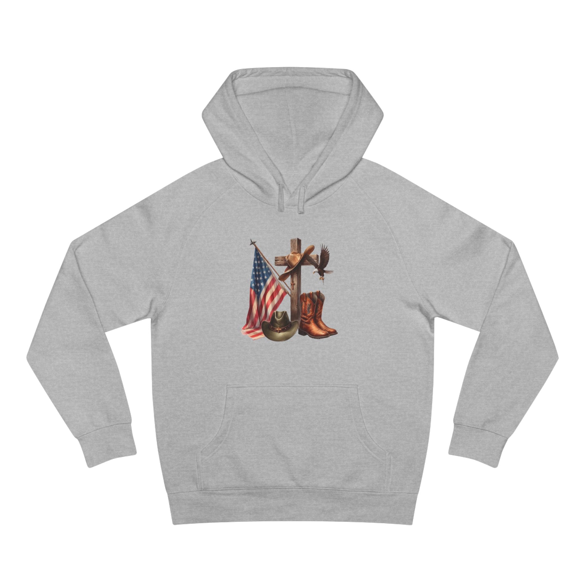 Patriotic Western Hoodie – American Flag, Cowboy Boots & Cross Graphic