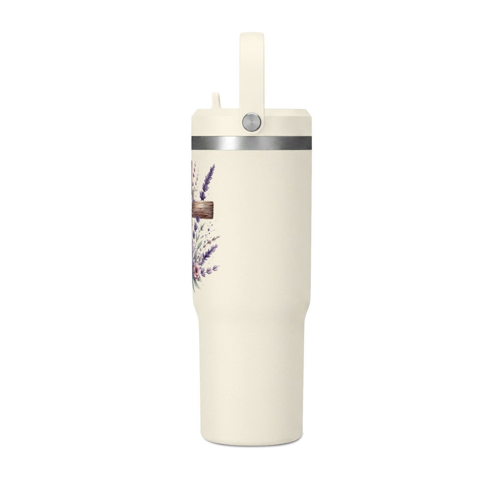 32oz Tumbler with Floral Cross Design — Christian Hydration Bottle | Lavender & Rose Nomad Tumbler