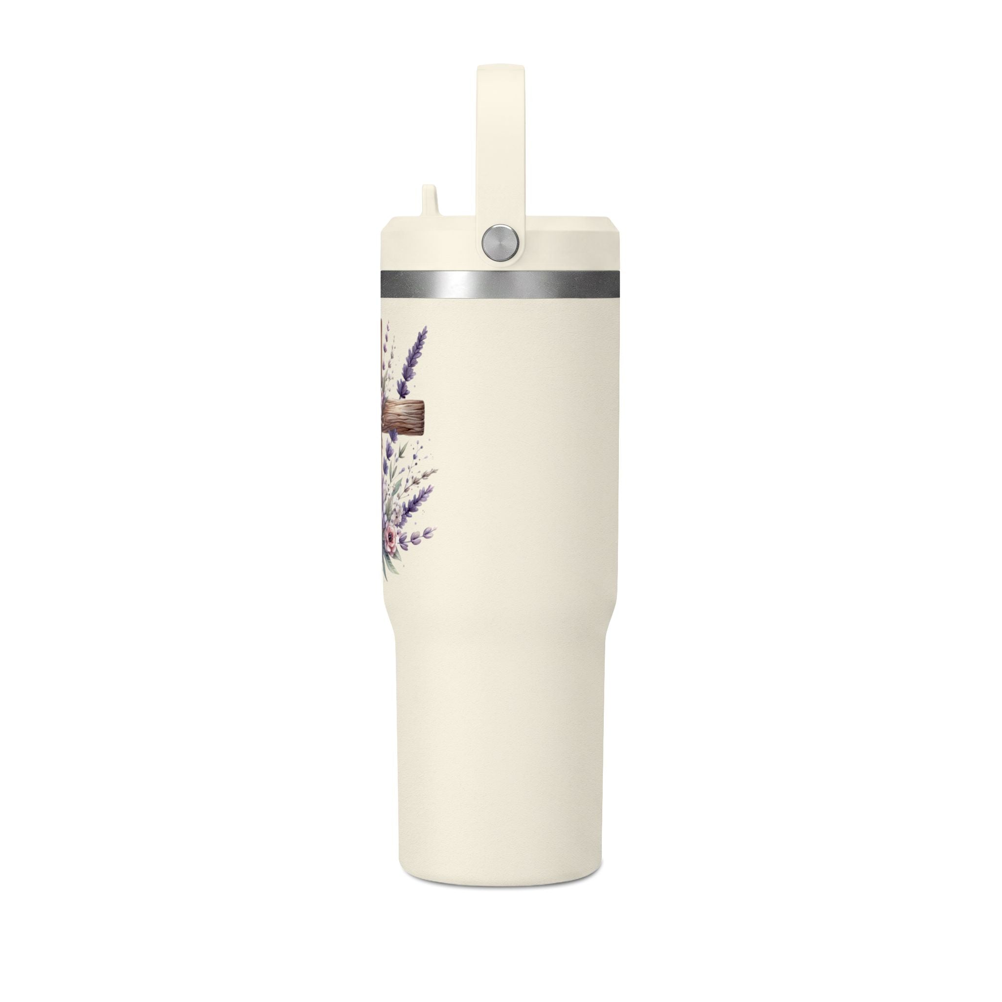 32oz Tumbler with Floral Cross Design — Christian Hydration Bottle | Lavender & Rose Nomad Tumbler