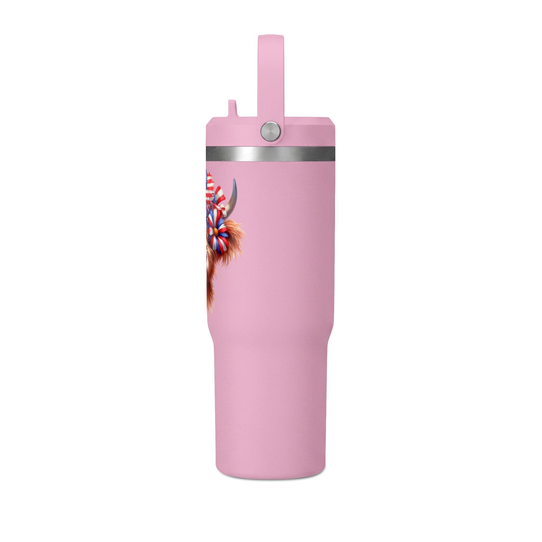 Patriotic Highland Cow 32oz Tumbler – Insulated Travel Mug with American Flag Floral Design