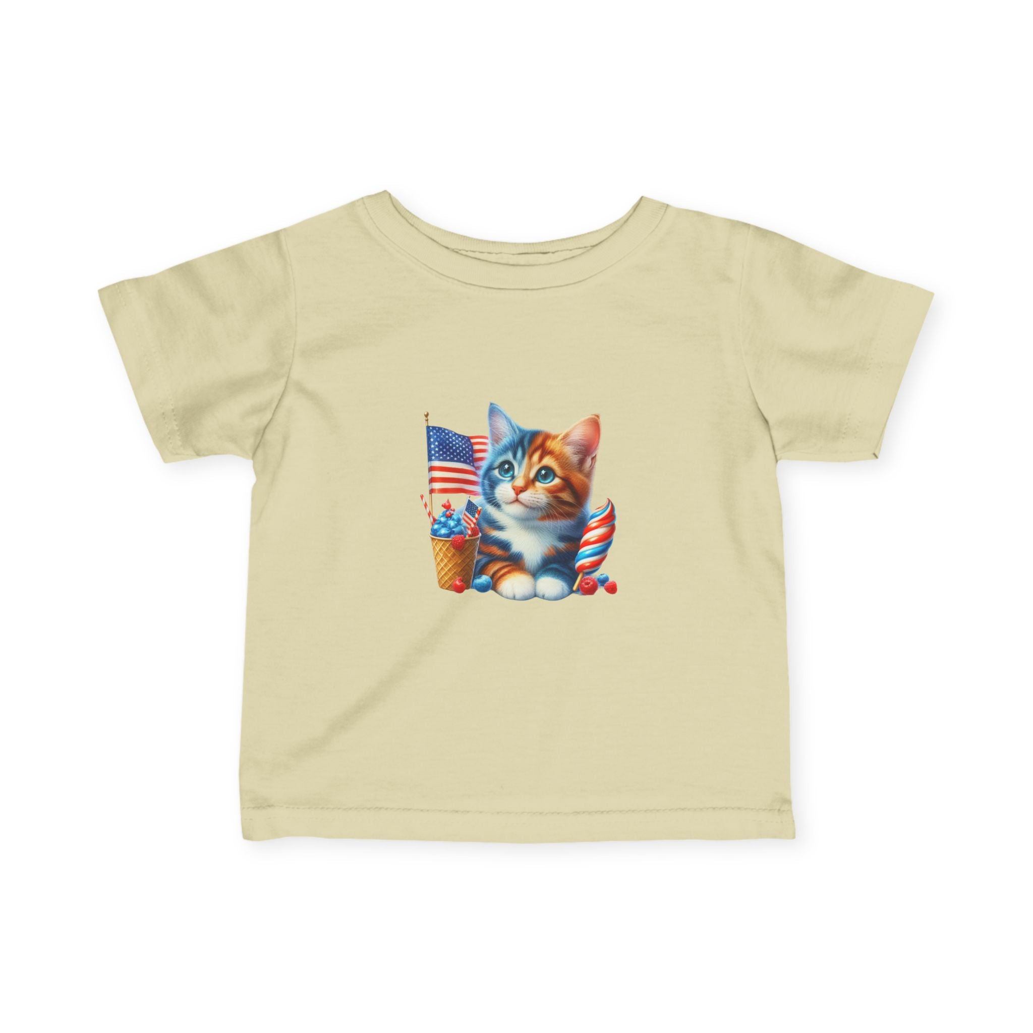 Infant Tee — Patriotic Kitten with Flags & Ice Cream (4th of July Baby Shirt)