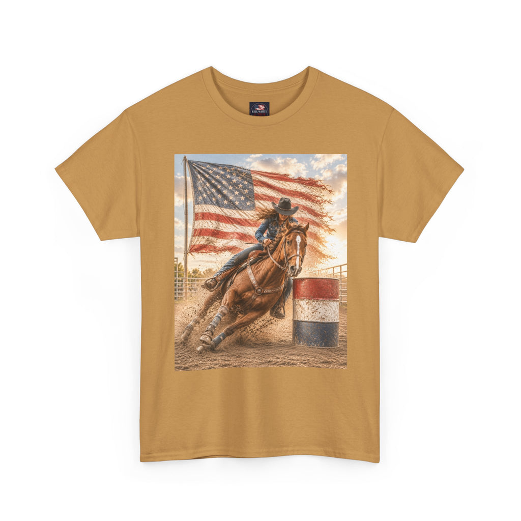 Patriotic Rodeo Barrel Racer T-Shirt — American Flag Horse Racing Tee