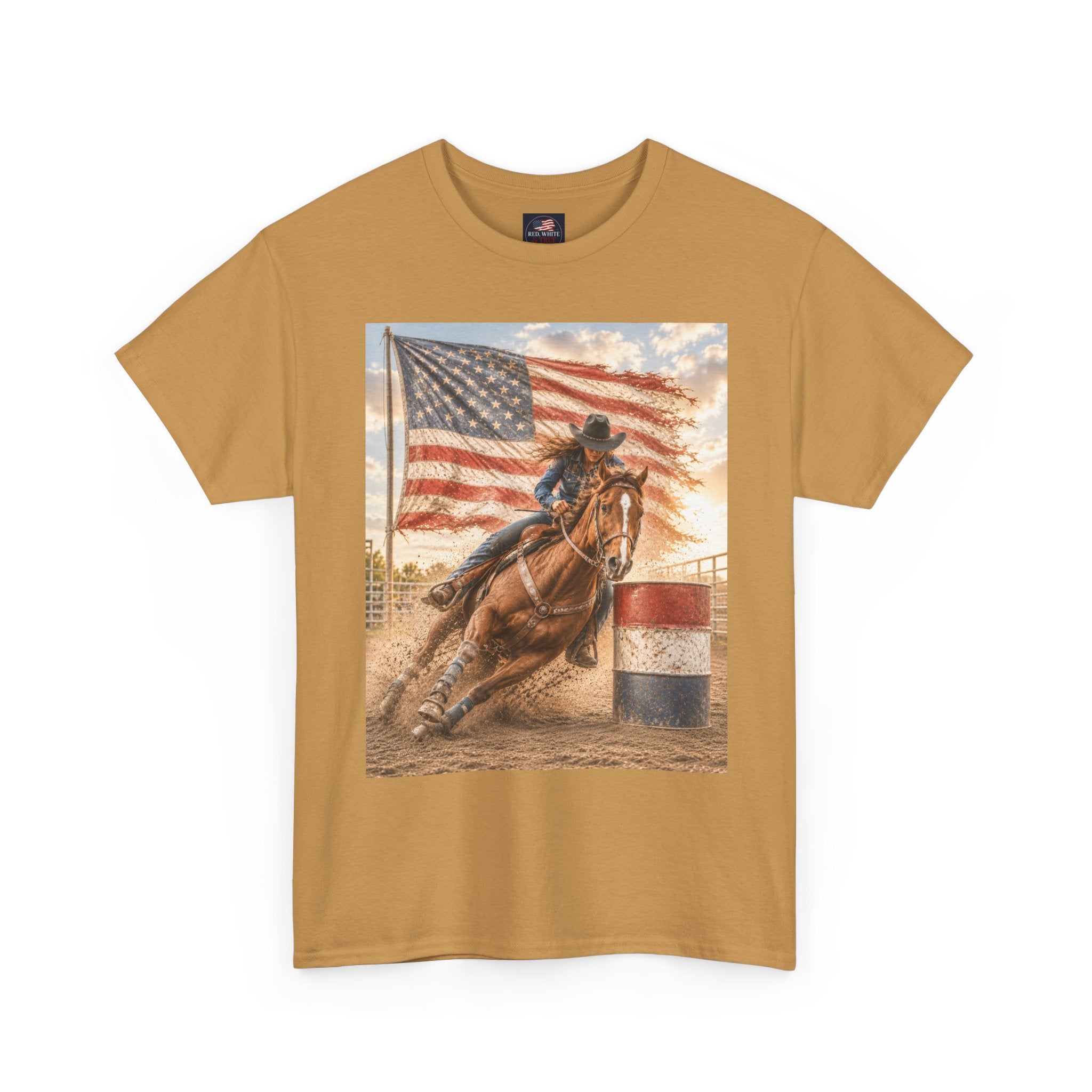Patriotic Rodeo Barrel Racer T-Shirt — American Flag Horse Racing Tee