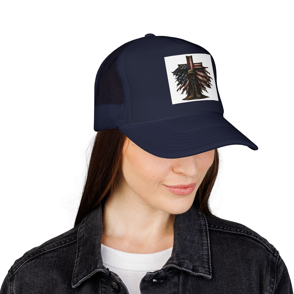 Patriotic Cross Trucker Hat — American Flag Feather Cross Foam Cap