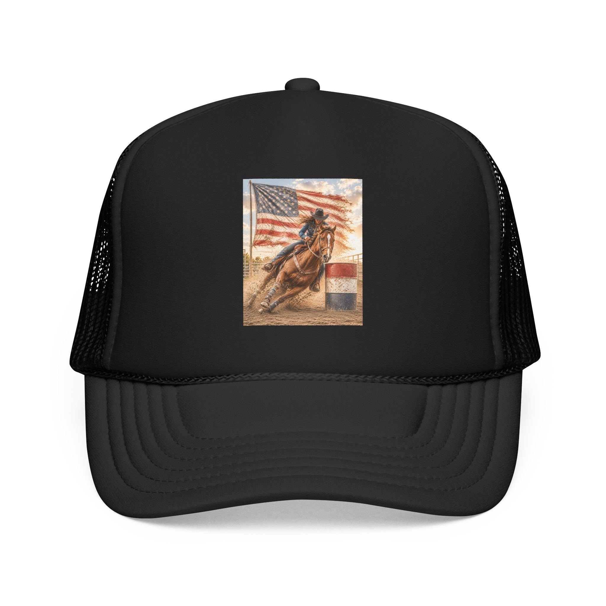 Western Rodeo Trucker Hat — Barrel Racing Horse with American Flag