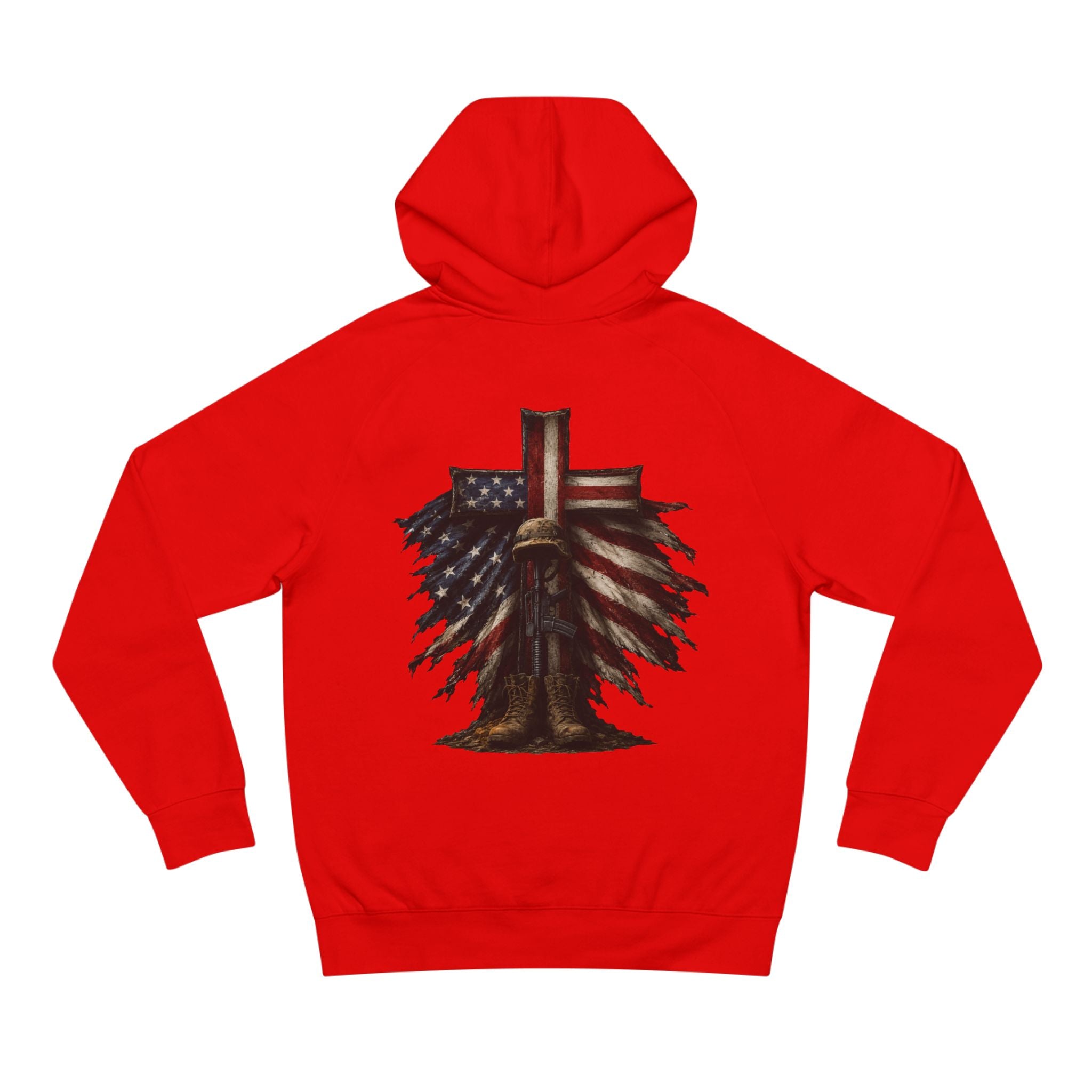 American Flag Cross Hoodie — Patriotic Skull & Wings Back Graphic